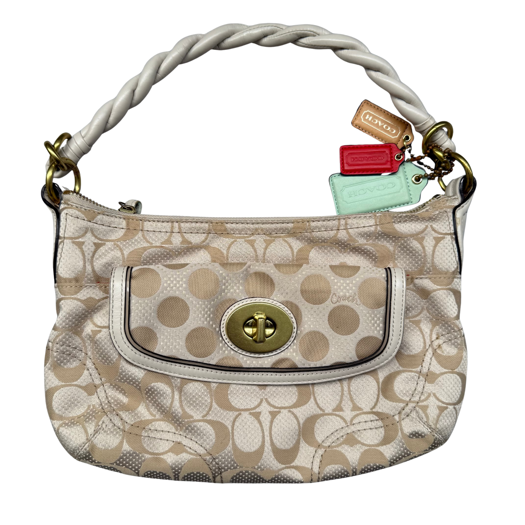 Coach 2Way Signature Dot Satin Canvas Shoulder Bag Beige