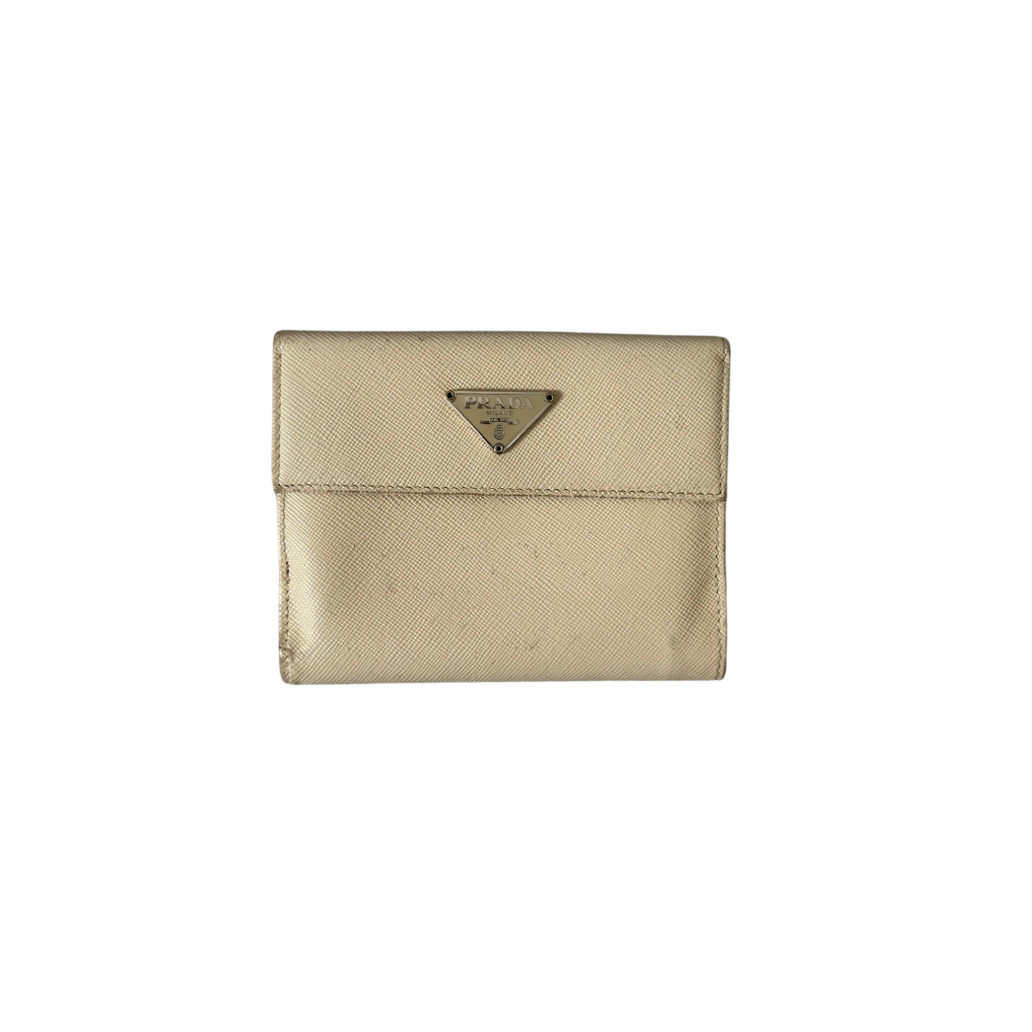 Prada Triangle Logo Plate Cream Saffiano Leather Wallet