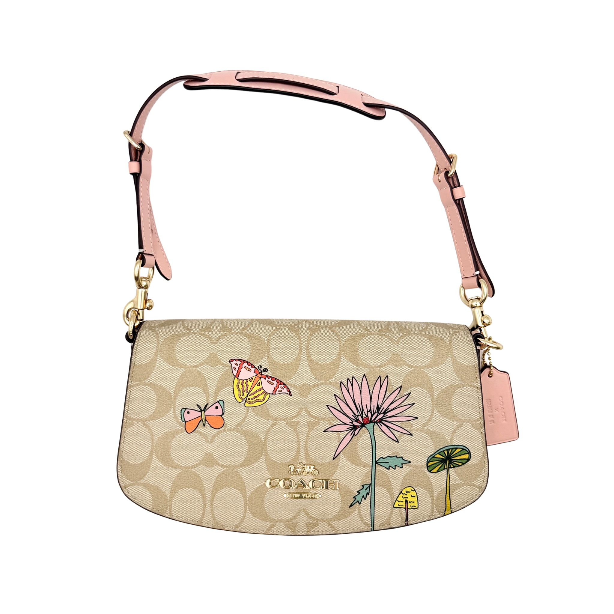 Coach X Observed By Us Andrea Shoulder Bag in beige monogram canvas with pink illustrations and pink leather strap.