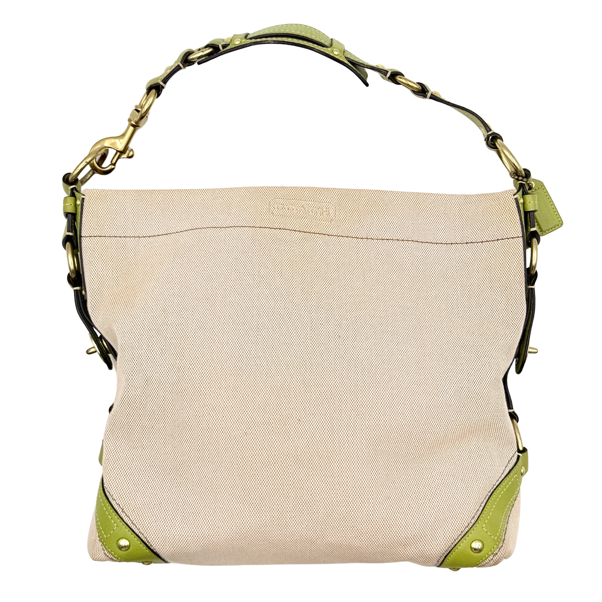 Coach Carly Hobo Shoulder Bag in beige canvas with green leather trim and gold hardware, shown on a white background.