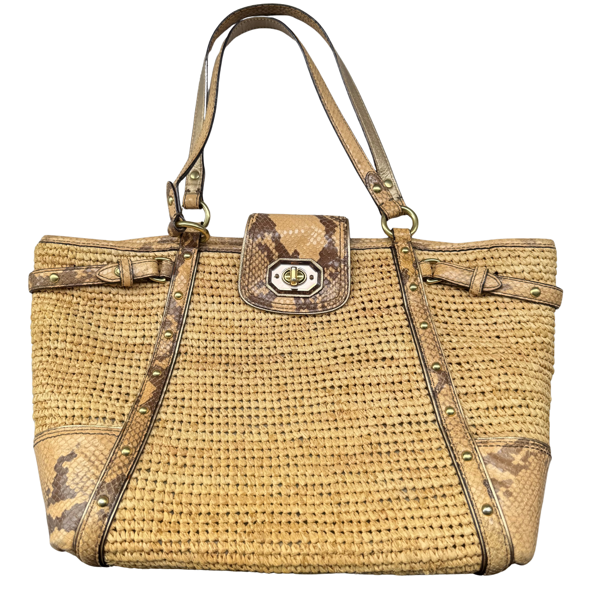 Coach Hampton Python Straw Shoulder Bag
