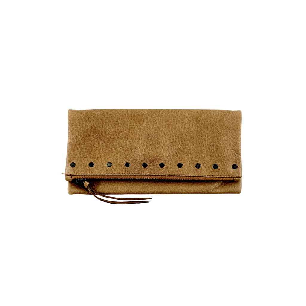Miu Miu brown textured leather foldover pouch with matte black studs, zip closure, and slim silhouette.