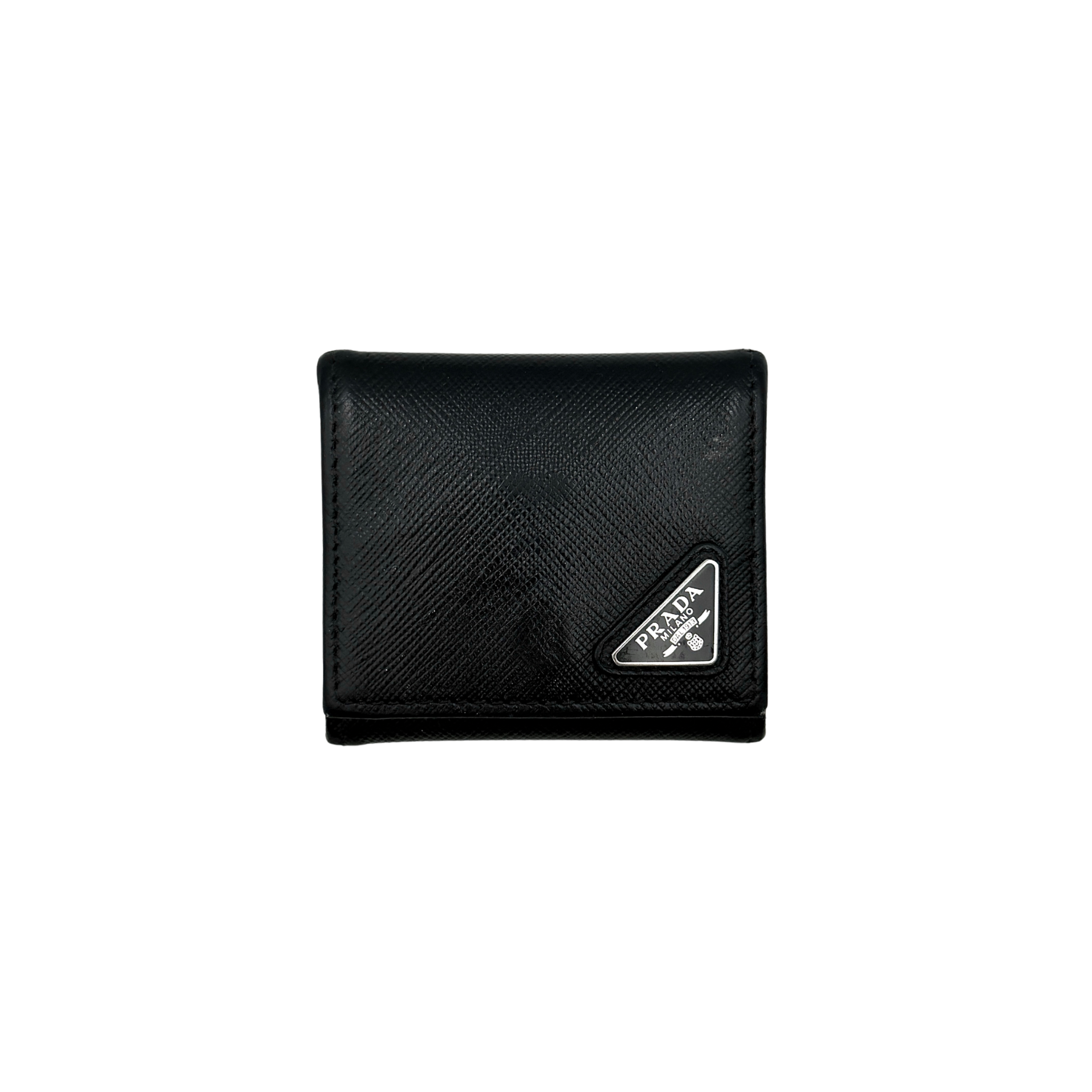 Prada Saffiano Triangle Logo Coin Case in black with silver enamel logo plaque at the corner.