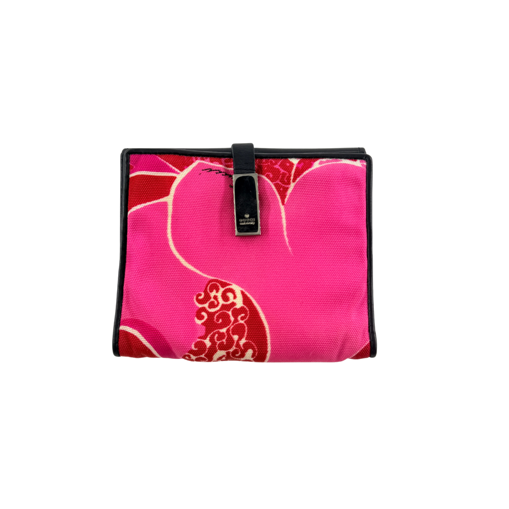 Gucci compact wallet with vibrant pink floral canvas, black leather trim and a silver-tone clasp, front view.