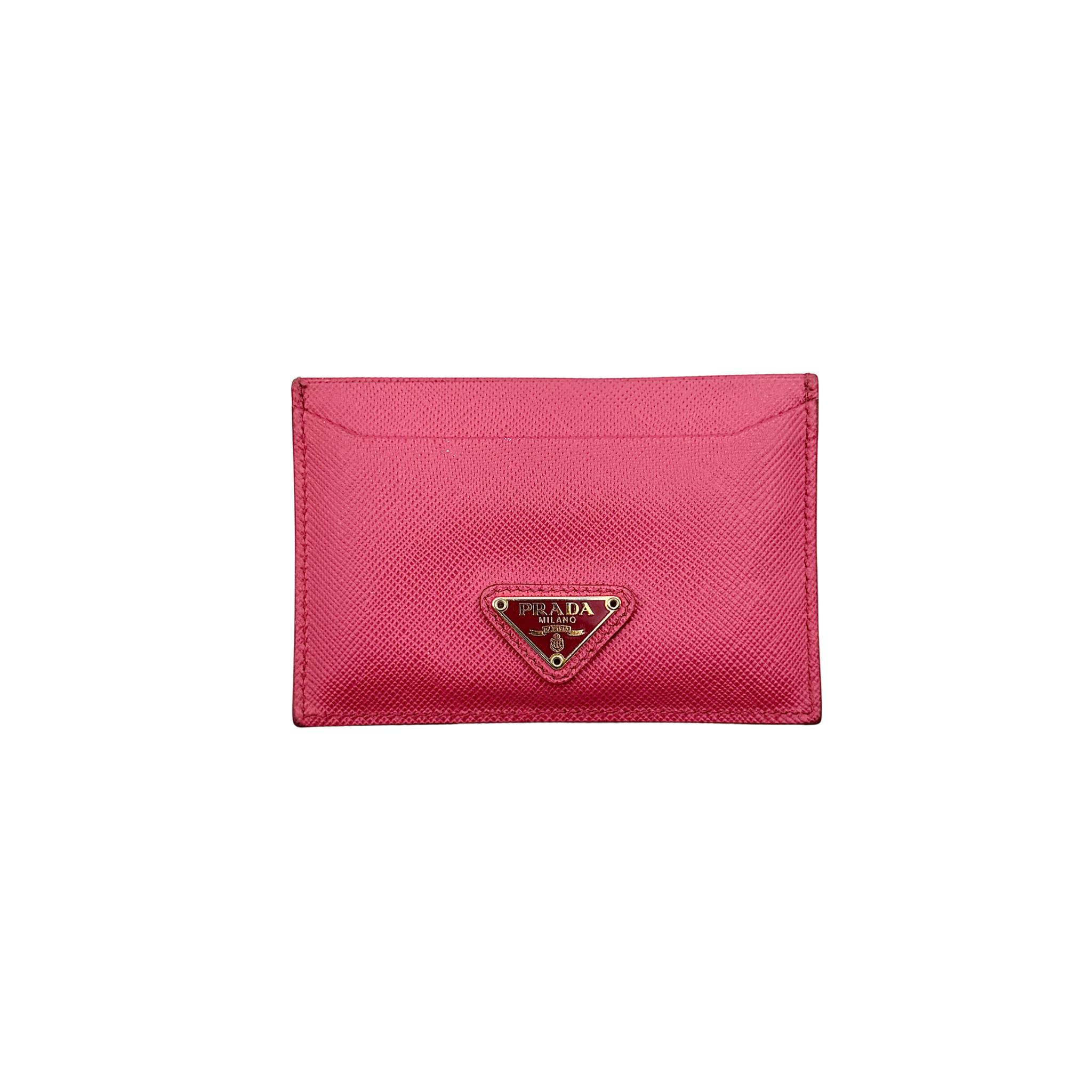 Prada Saffiano card holder in pink leather with gold-tone triangle logo plaque on the front.