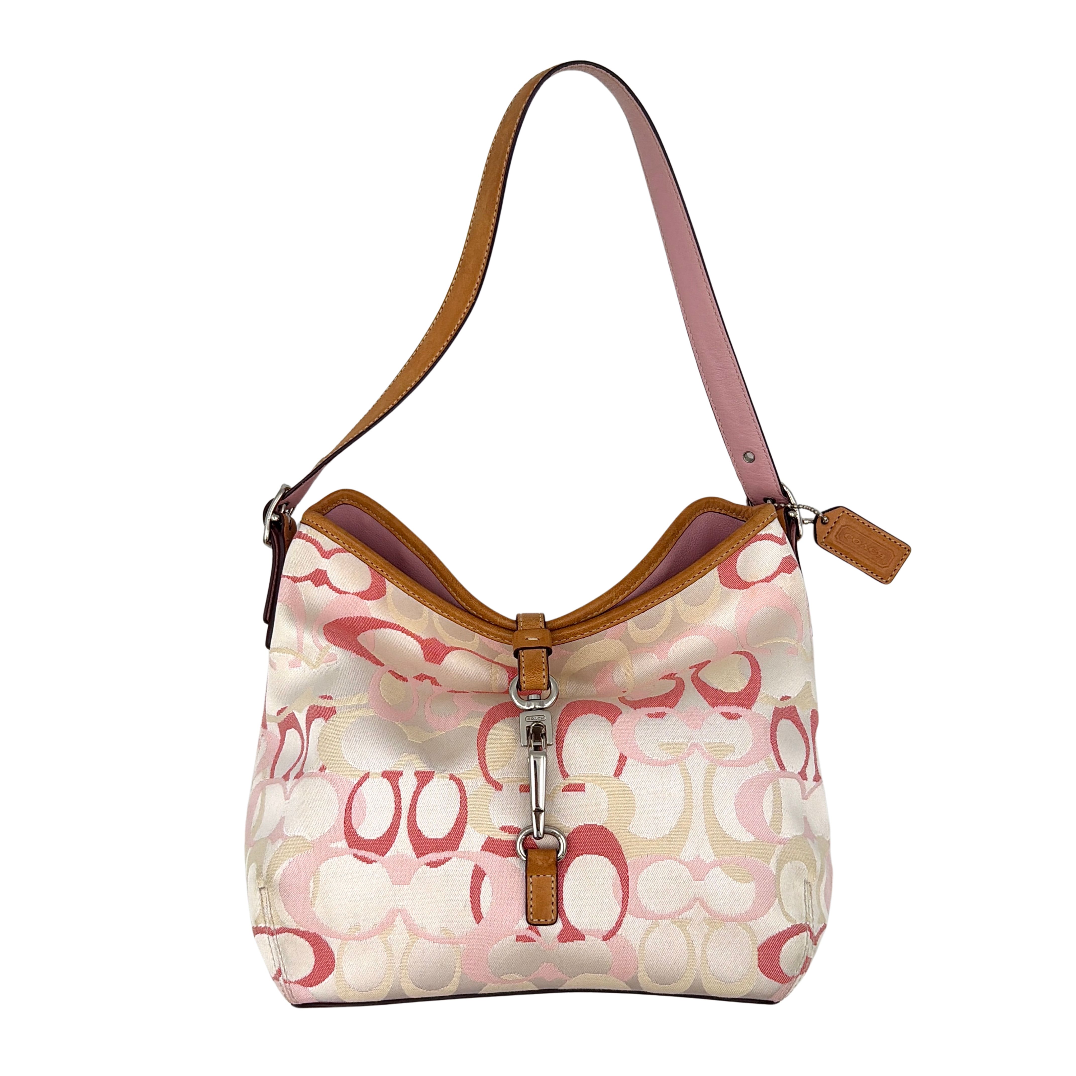 Coach hobo handbag in pink-cream canvas with signature C motif and tan leather trim, featuring a silver clip detail and a structured silhouette.