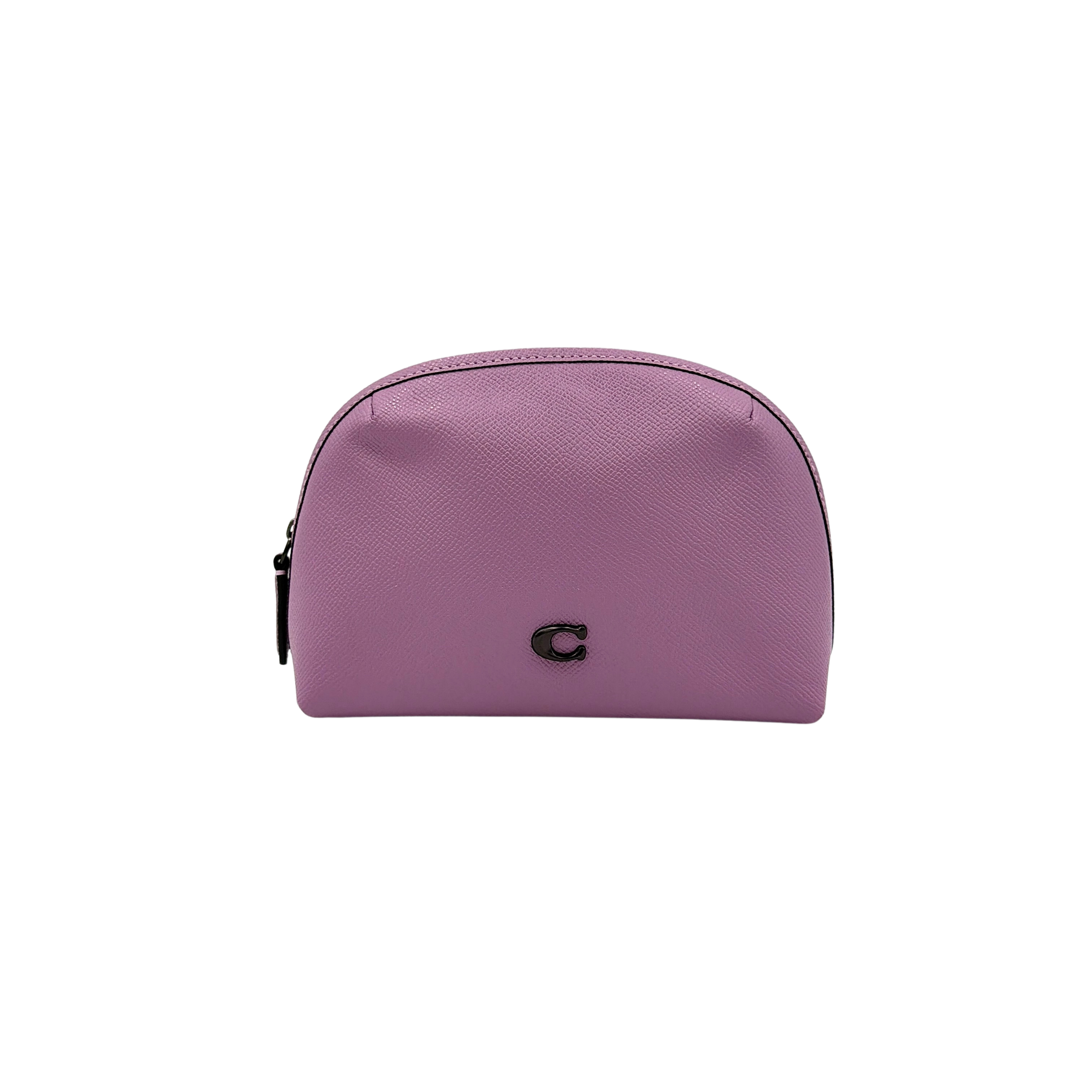 Coach Julienne Cosmetic Case 17 in purple grained leather with black hardware, photographed on a plain background.