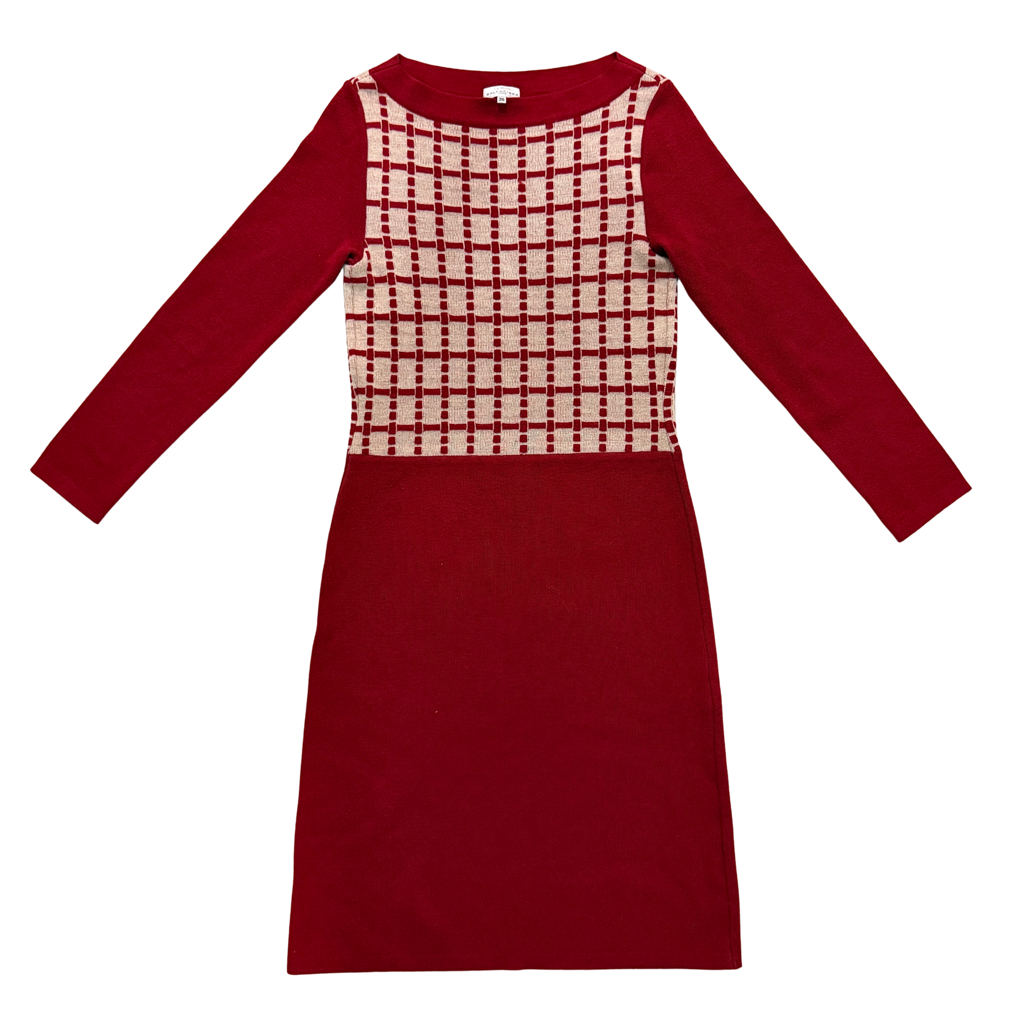 Balenciaga La Mode Check Knit Dress in red with cream checkered bodice, long sleeves, and a slim, structured silhouette.