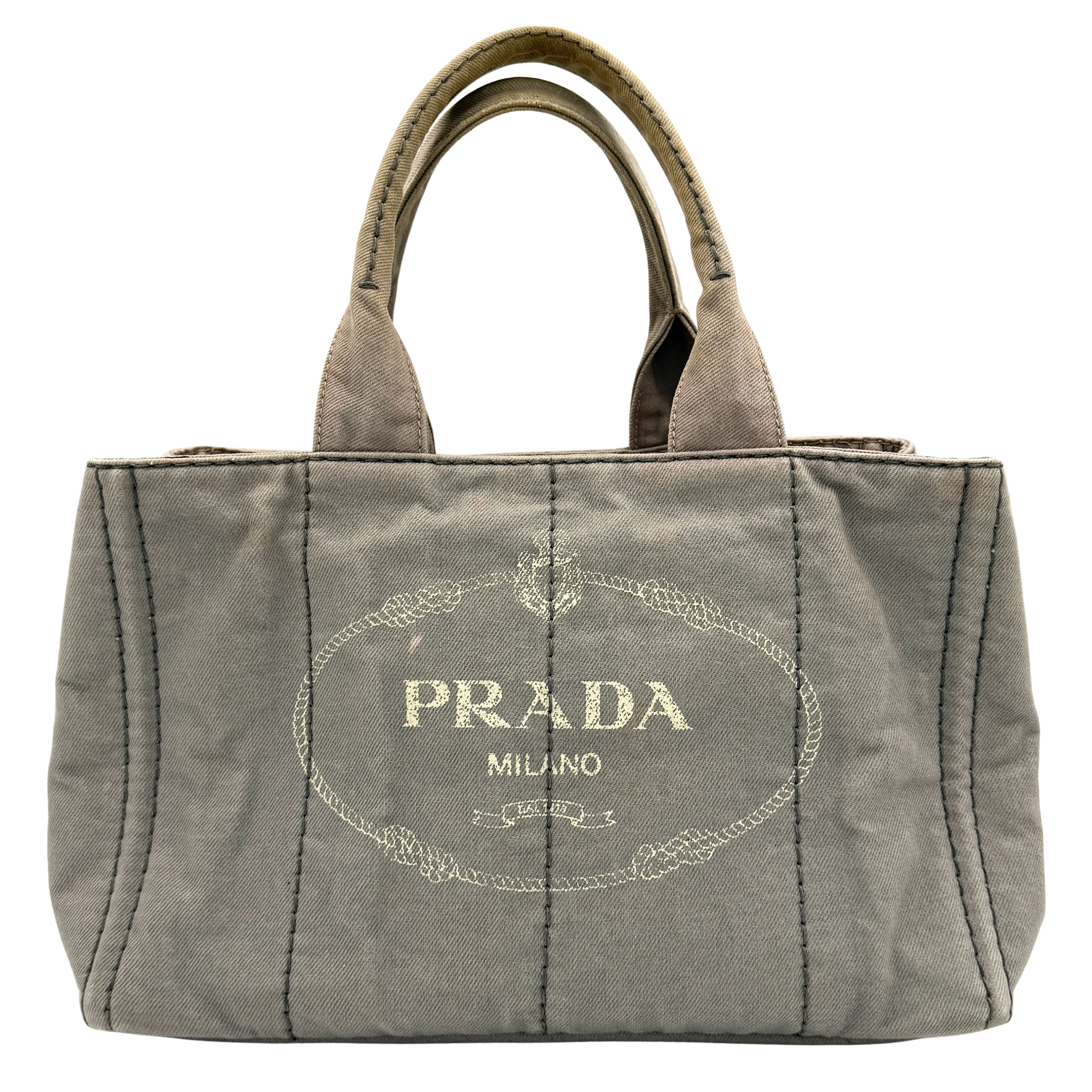 Prada Canapa Tote Bag in grey canvas with rope logo motif and dual top handles against a plain background.