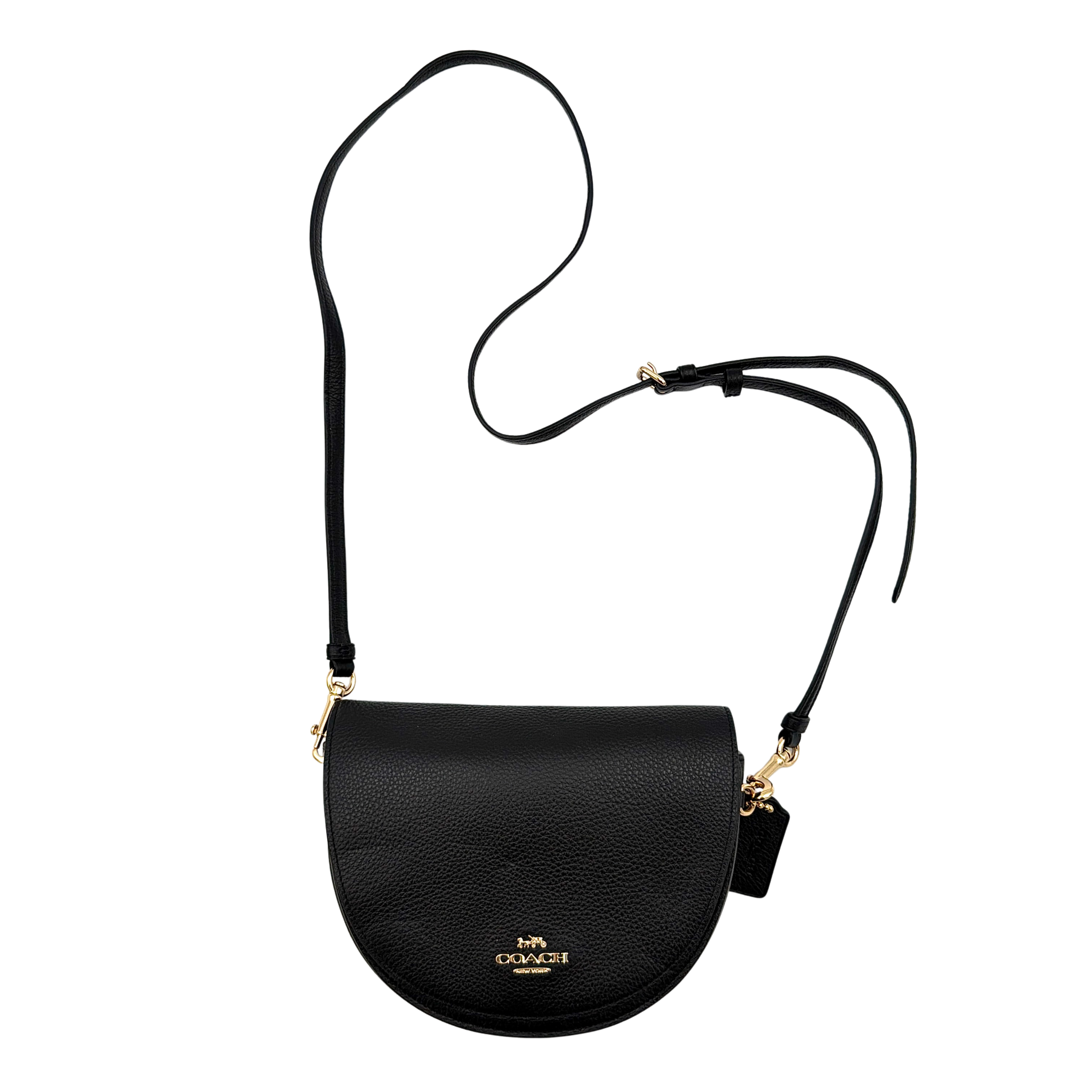 Coach Ellen Crossbody Bag in black pebbled leather with a half-moon silhouette, gold-tone hardware, and adjustable strap.