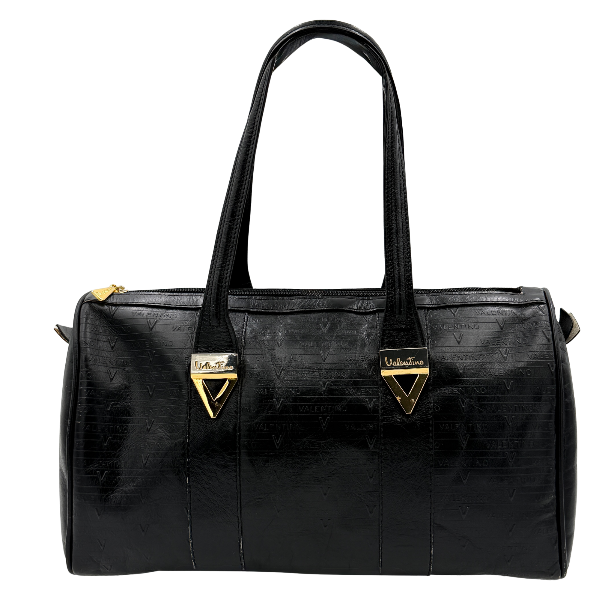 Valentino Monogram Boston Bag in black embossed leather with gold-tone V hardware and dual top handles.