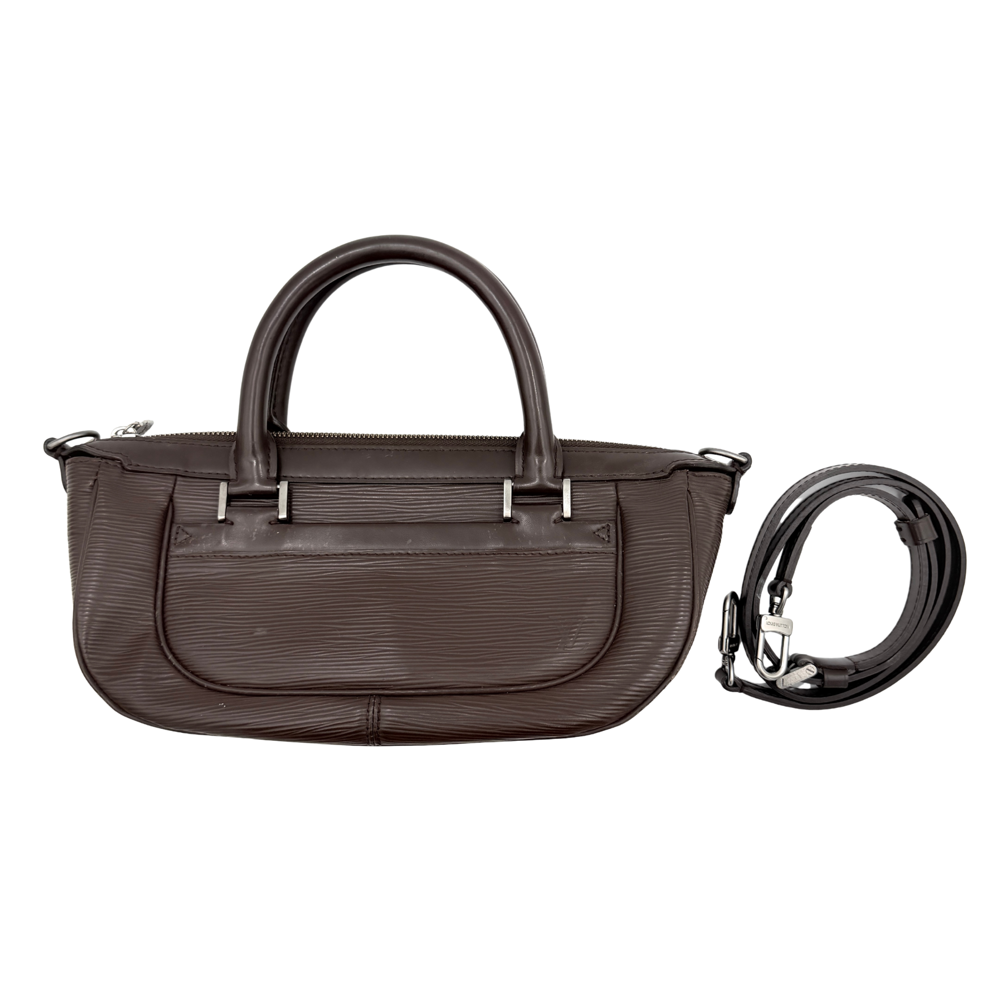 Louis Vuitton Dhanura PM 2Way shoulder bag in brown Epi leather with detachable strap and silver-tone hardware.