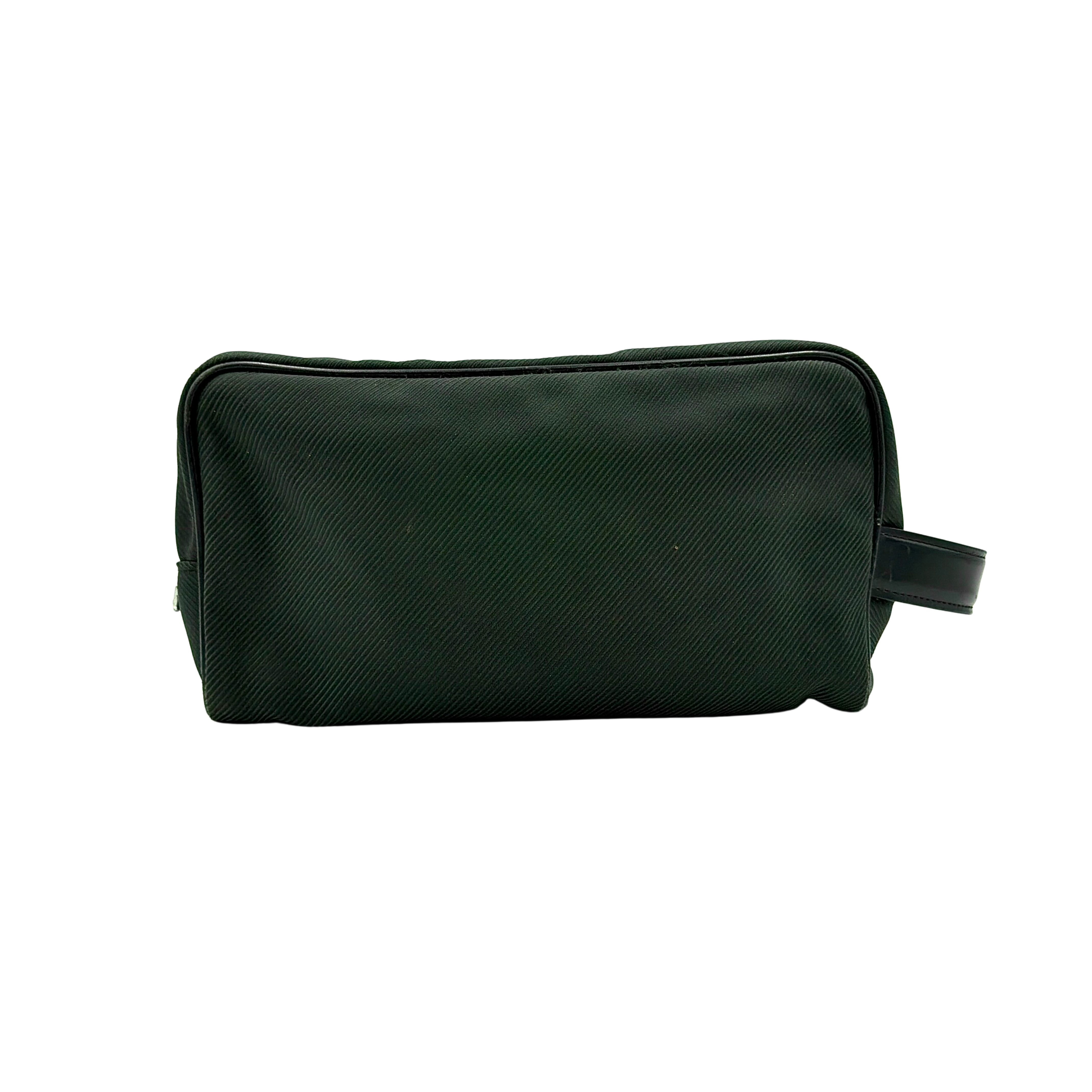 Louis Vuitton Taiga Parana Clutch Bag in deep green Taiga leather with black leather handle and silver-tone zipper, shown from the front.
