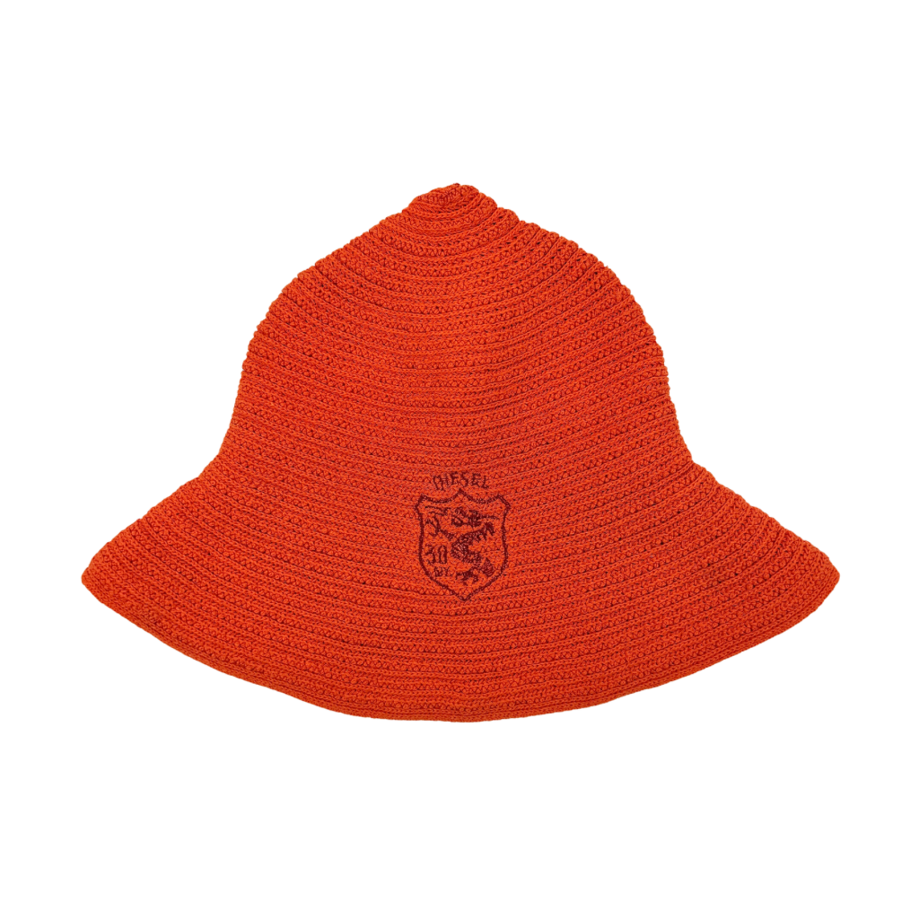 Vibrant orange Diesel crochet bucket hat with a wide brim and signature embroidered crest, displayed against a neutral background.