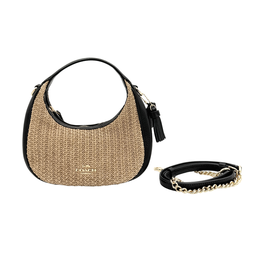 Coach Carmen Mini 2Way Shoulder Bag in beige and black with textured woven body, leather trim, and gold-tone hardware.