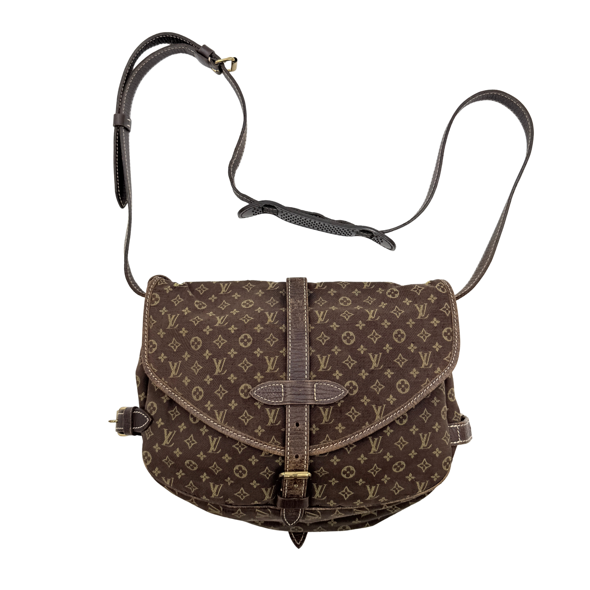 Louis Vuitton Monogram Mini Lin Saumur 30 in brown canvas with monogram pattern and leather buckled strap, photographed with the crossbody strap extended.