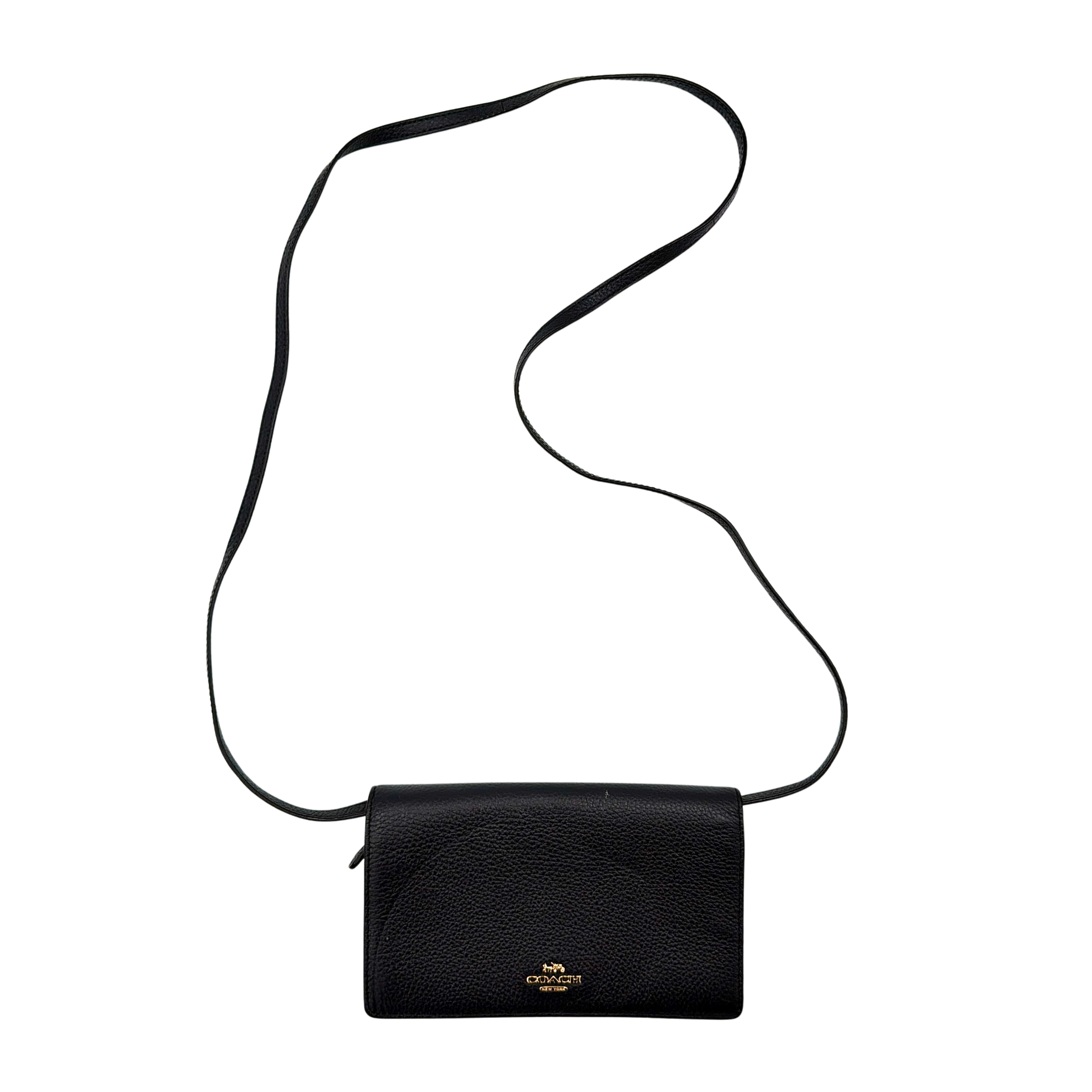 Coach Anna Foldover Clutch Crossbody Bag in navy pebbled leather with slim strap and gold logo detailing.