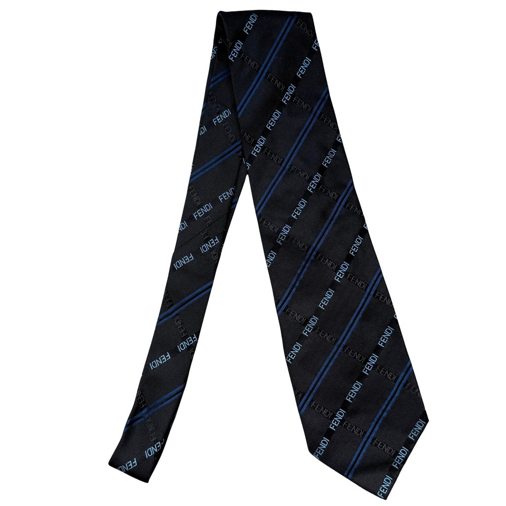 Fendi Monogram Stripes Silk Neck Tie Black/Blue