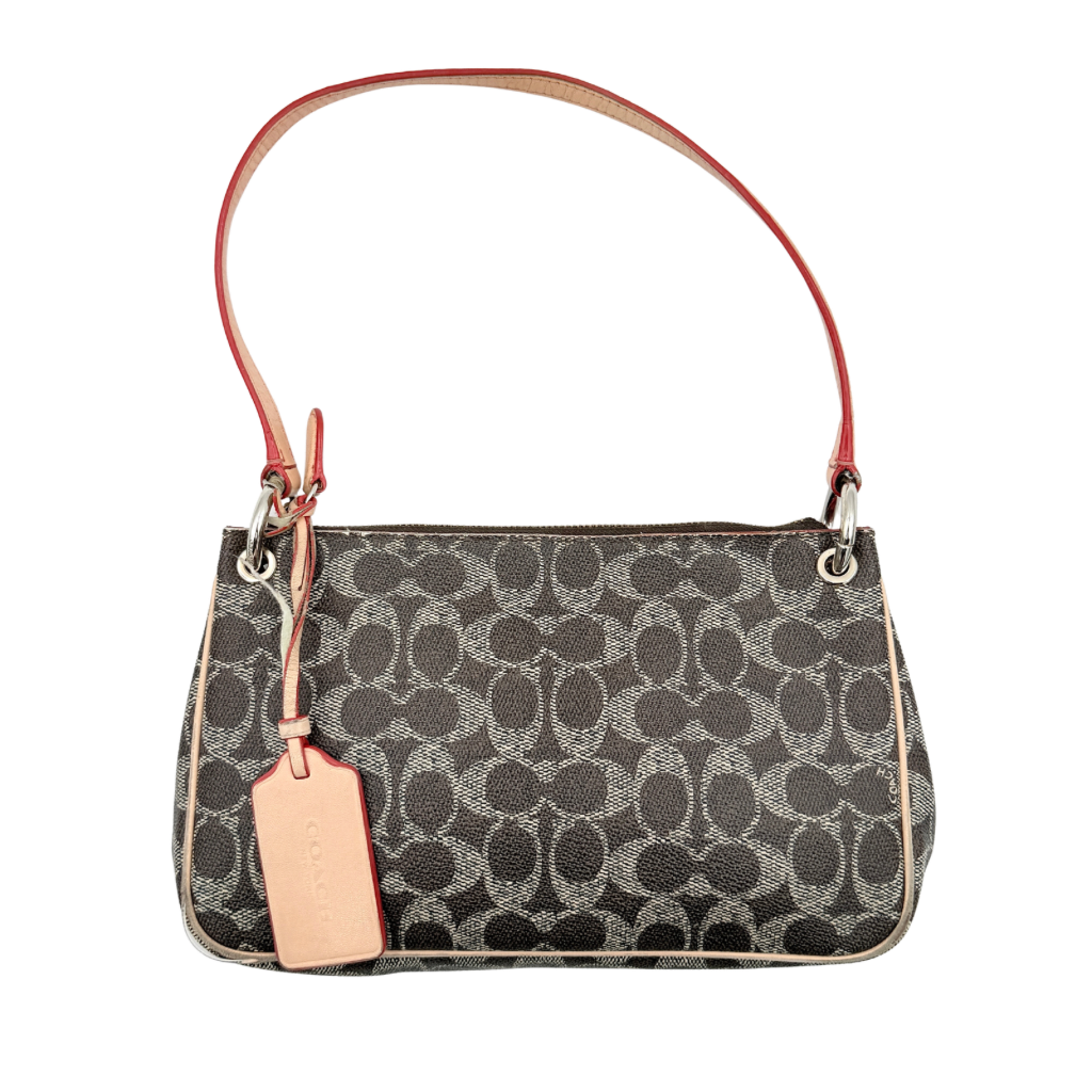 Coach Signature Charley Shoulder Bag in grey and beige canvas with monogram print, tan leather trim, and a single leather strap.