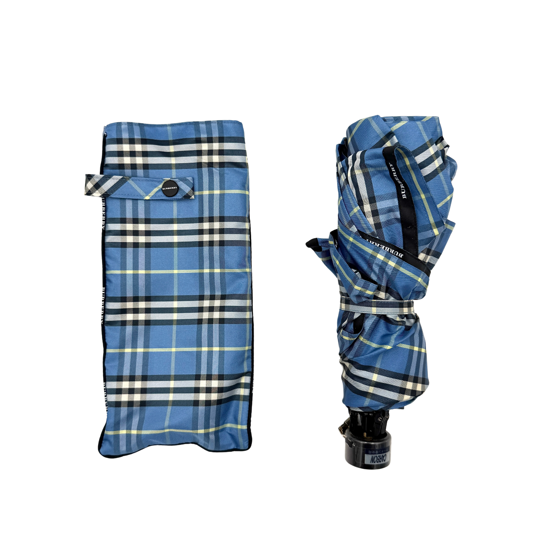 Burberry folding umbrella and matching pouch in blue Nova Check plaid, perfectly folded to showcase its classic pattern and refined finish.