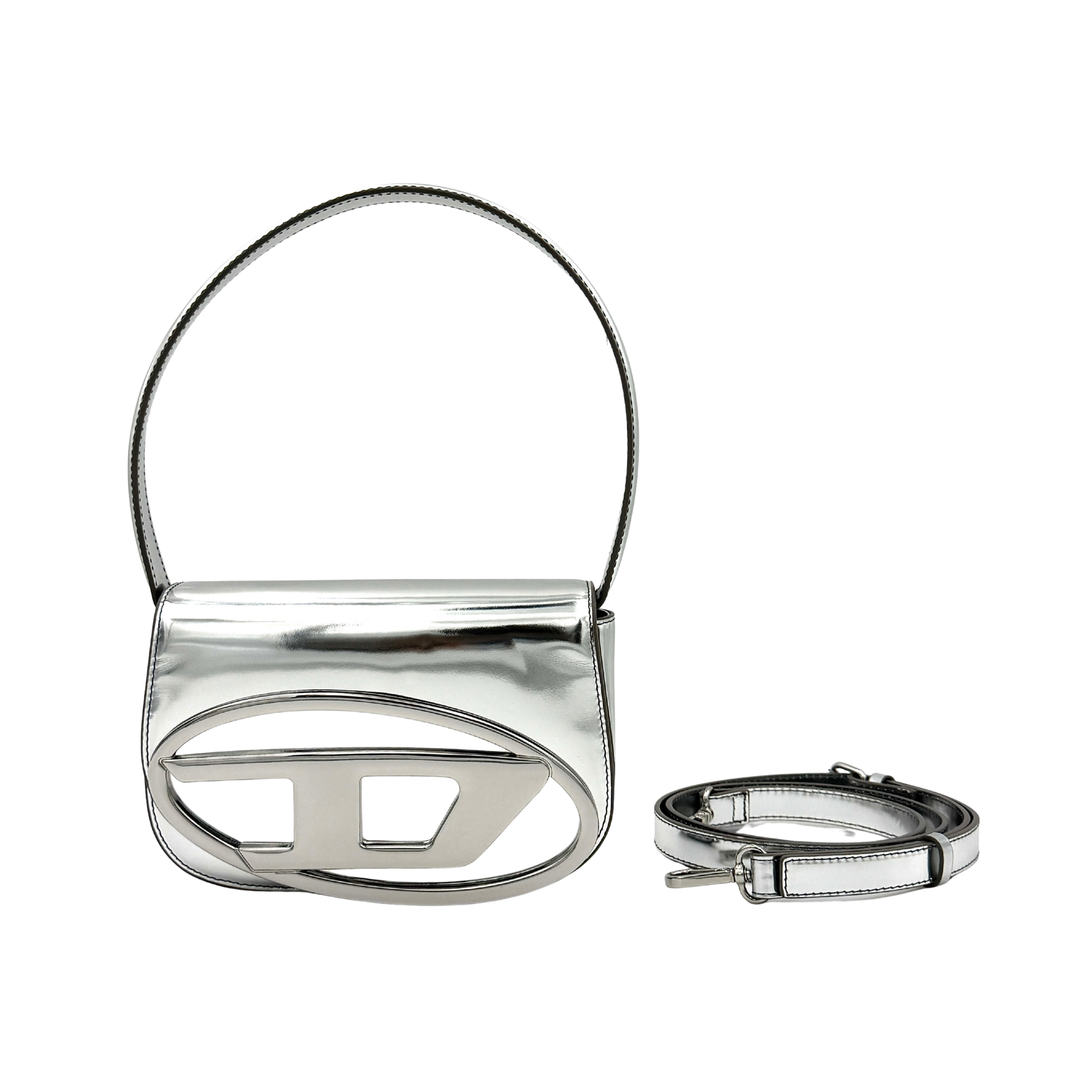 Diesel 1DR 2Way metallic silver shoulder bag with sculptural D logo and detachable strap displayed against a plain background.