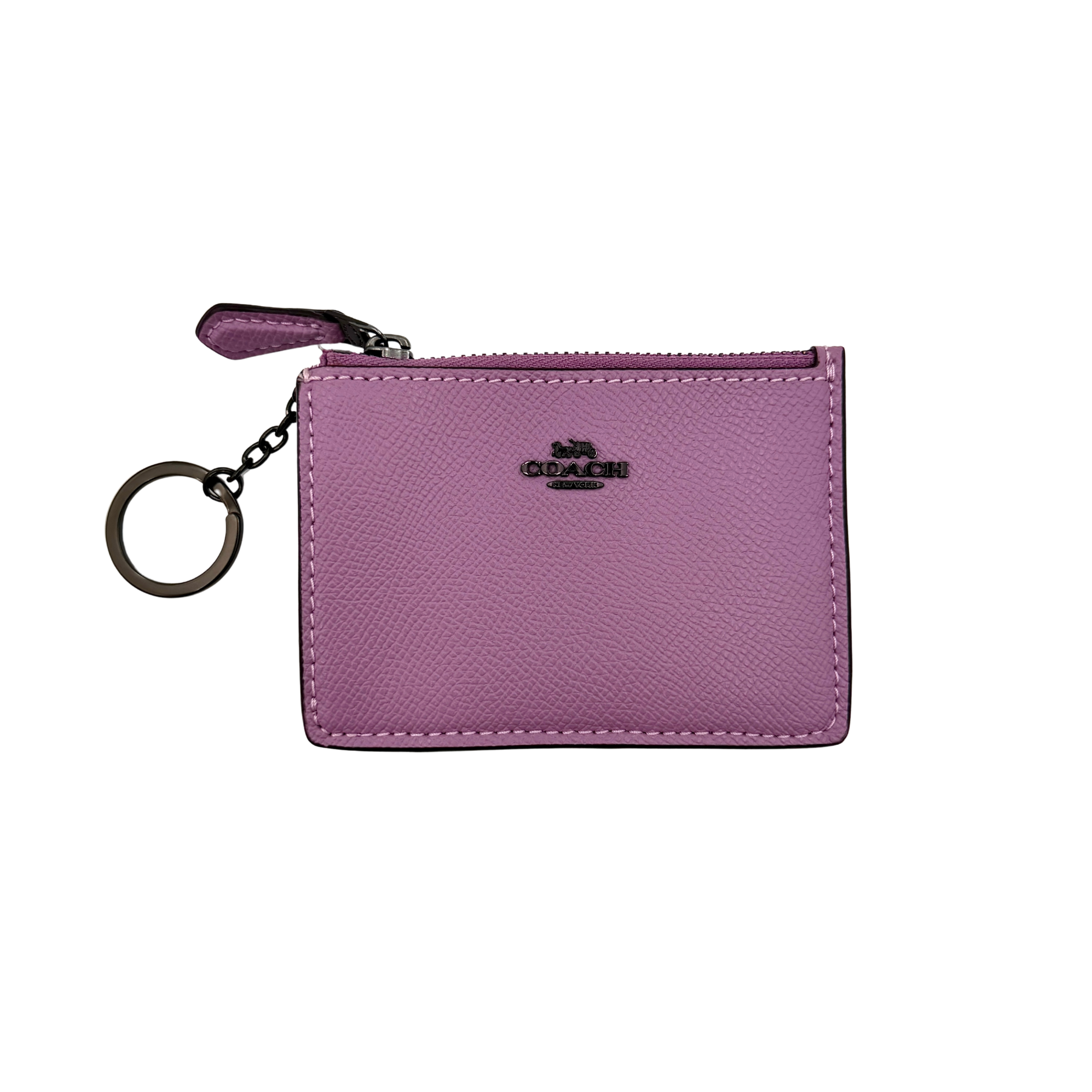 Coach Mini Skinny ID Case in purple pebbled leather with black hardware, featuring a zip closure and key ring.