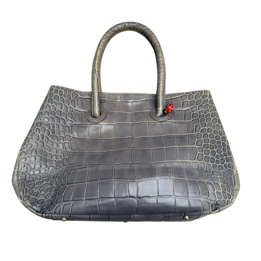 Furla Croc Embossed Leather Shoulder Tote Bag Sage Green