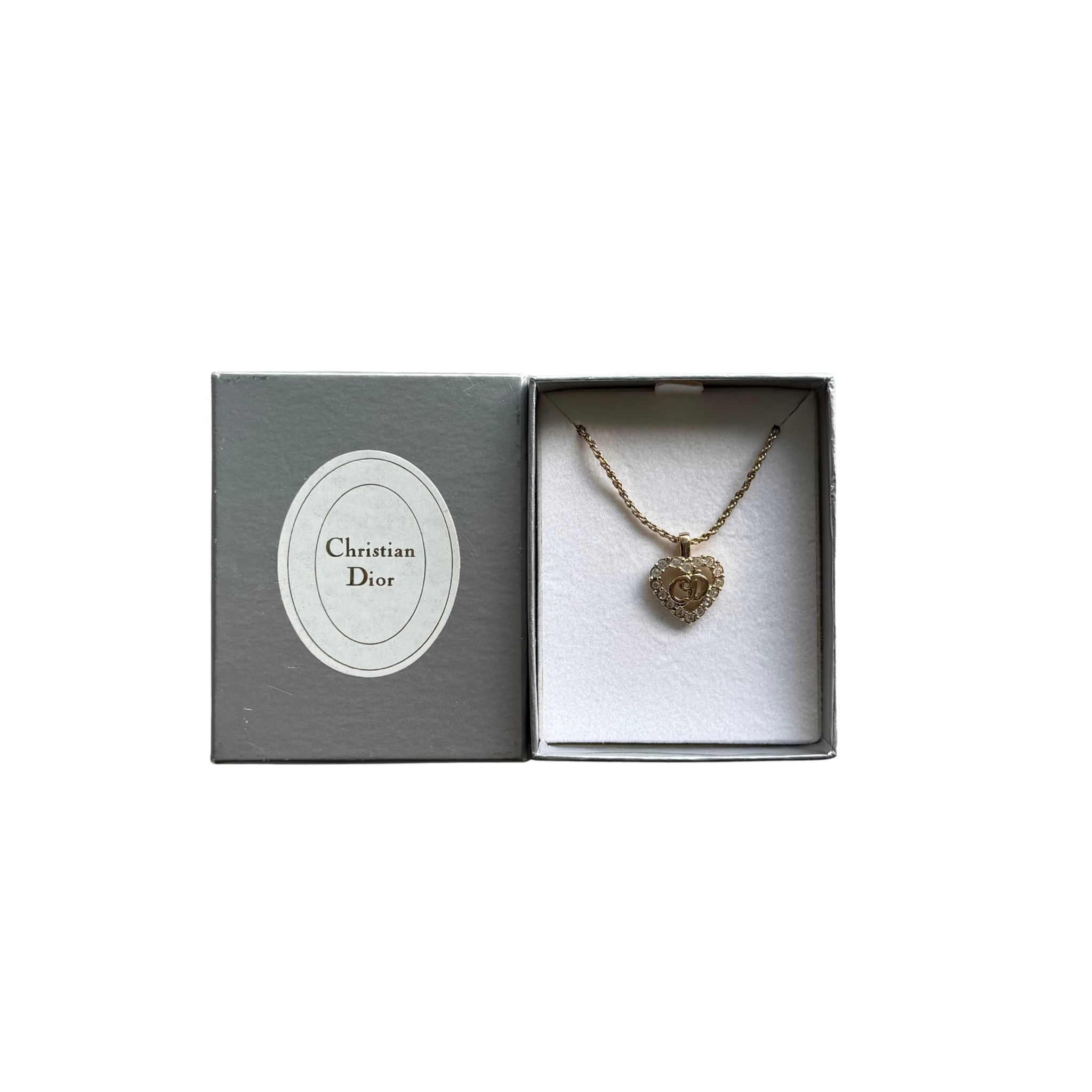 Christian Dior CD Logo Heart Rhinestone Gold Plated Vintage Pendant Necklace