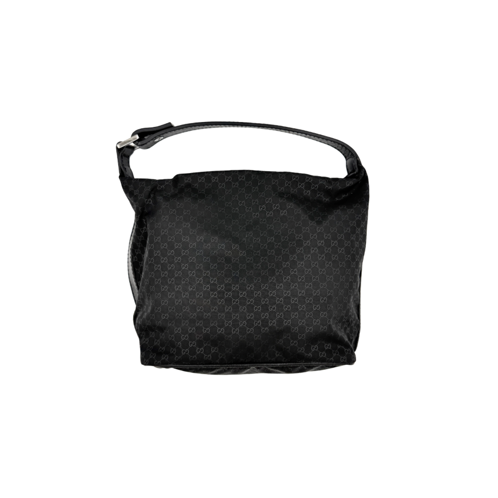 Gucci GG Monogram Mini Hobo black nylon shoulder bag with leather trim and silver-tone hardware, displayed on a plain background.