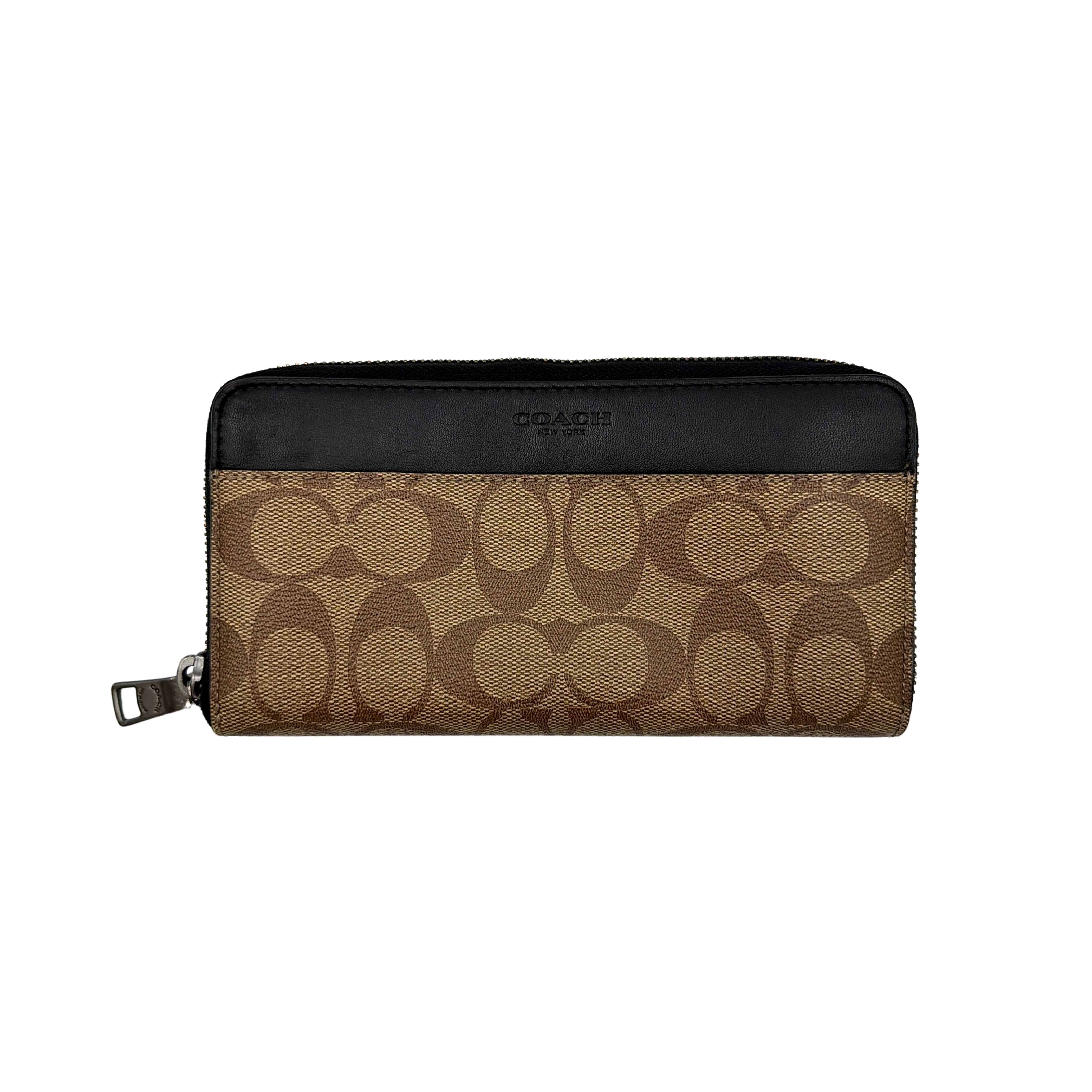 Coach Signature Accordion Long Wallet in beige and black canvas with black leather trim, featuring zip-around closure.