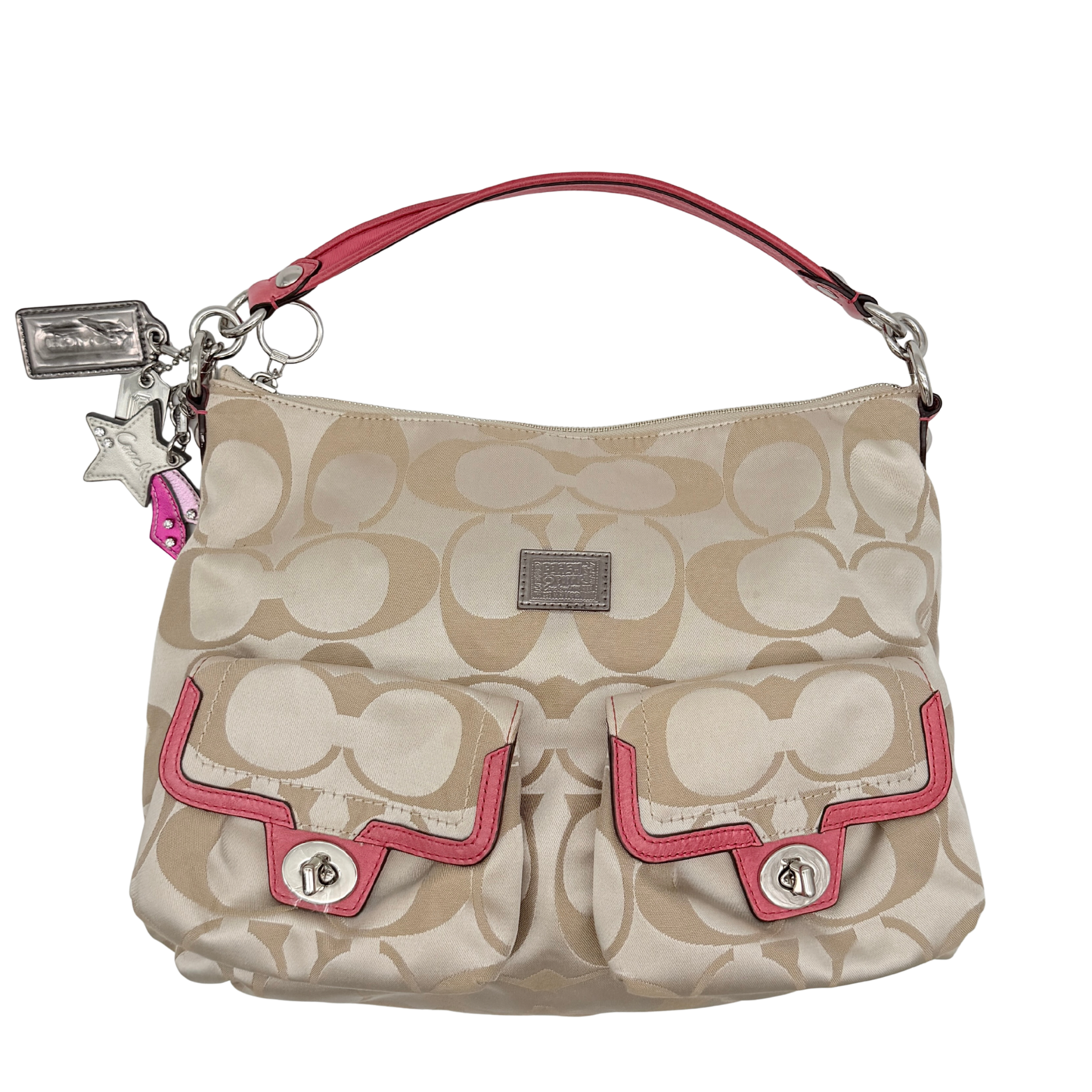 Coach Signature Poppy Pocket Hobo Sateen Shoulder Bag Beige/Pink
