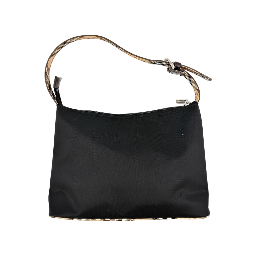 Front-facing Burberry Nova Check Nylon Shoulder Bag in black with Nova Check strap and base, shown against a clean background.
