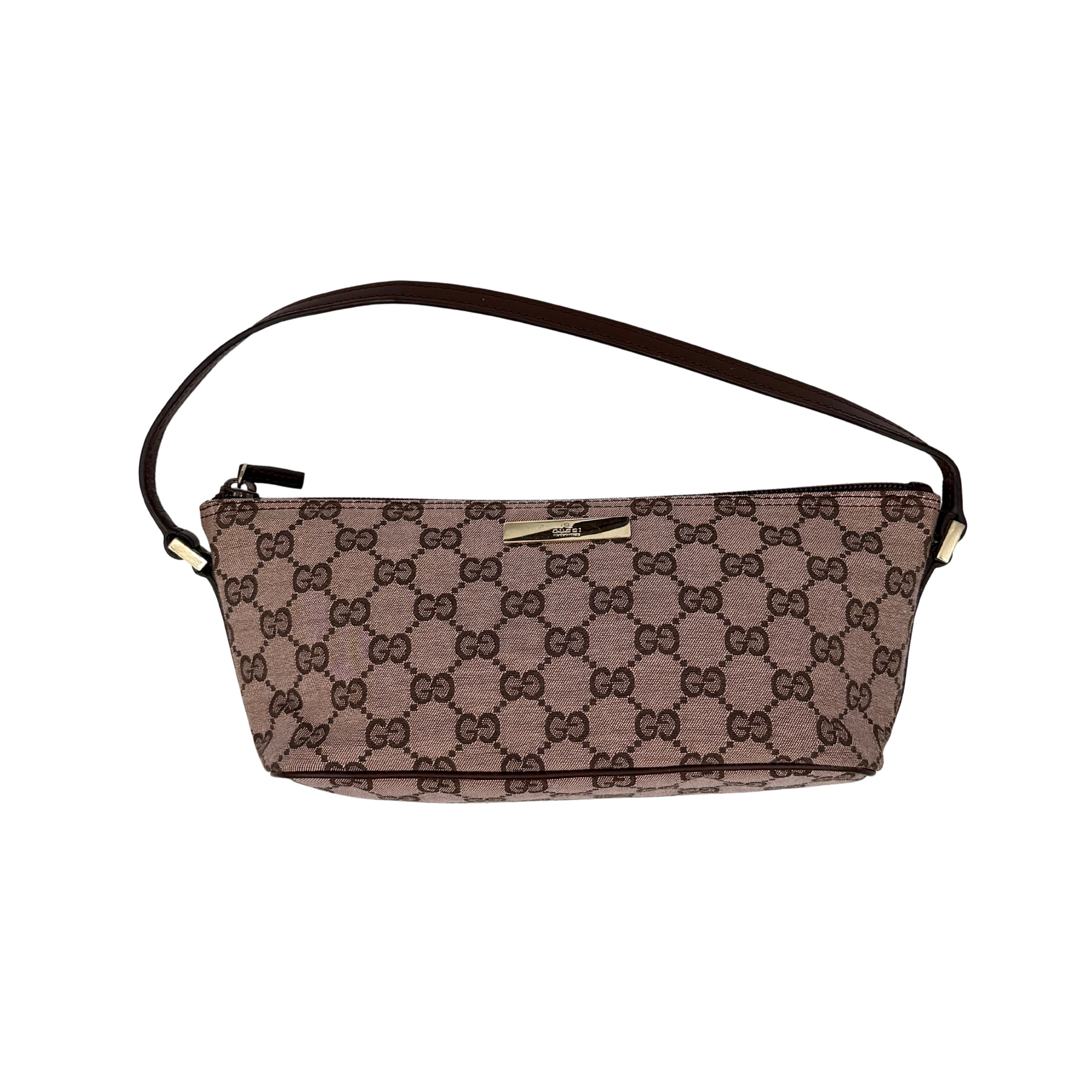 Gucci GG Monogram Pochette Boat Shoulder Bag in light brown canvas with gold-tone hardware and brown leather strap.