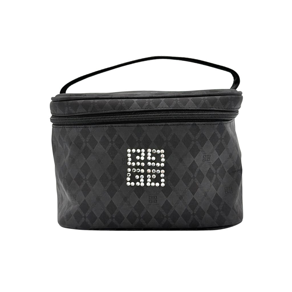 Givenchy vanity bag in black with rhinestone logo, geometric pattern, and top handle, shown from the front.