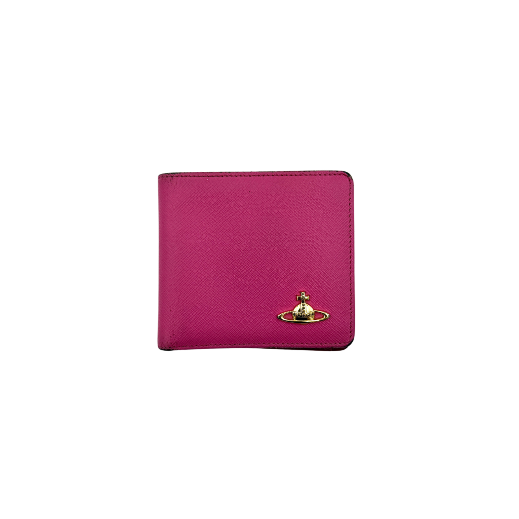 Vivienne Westwood Orb Saffiano Wallet in brilliant pink with gold-tone Orb emblem and cross-grained leather texture.