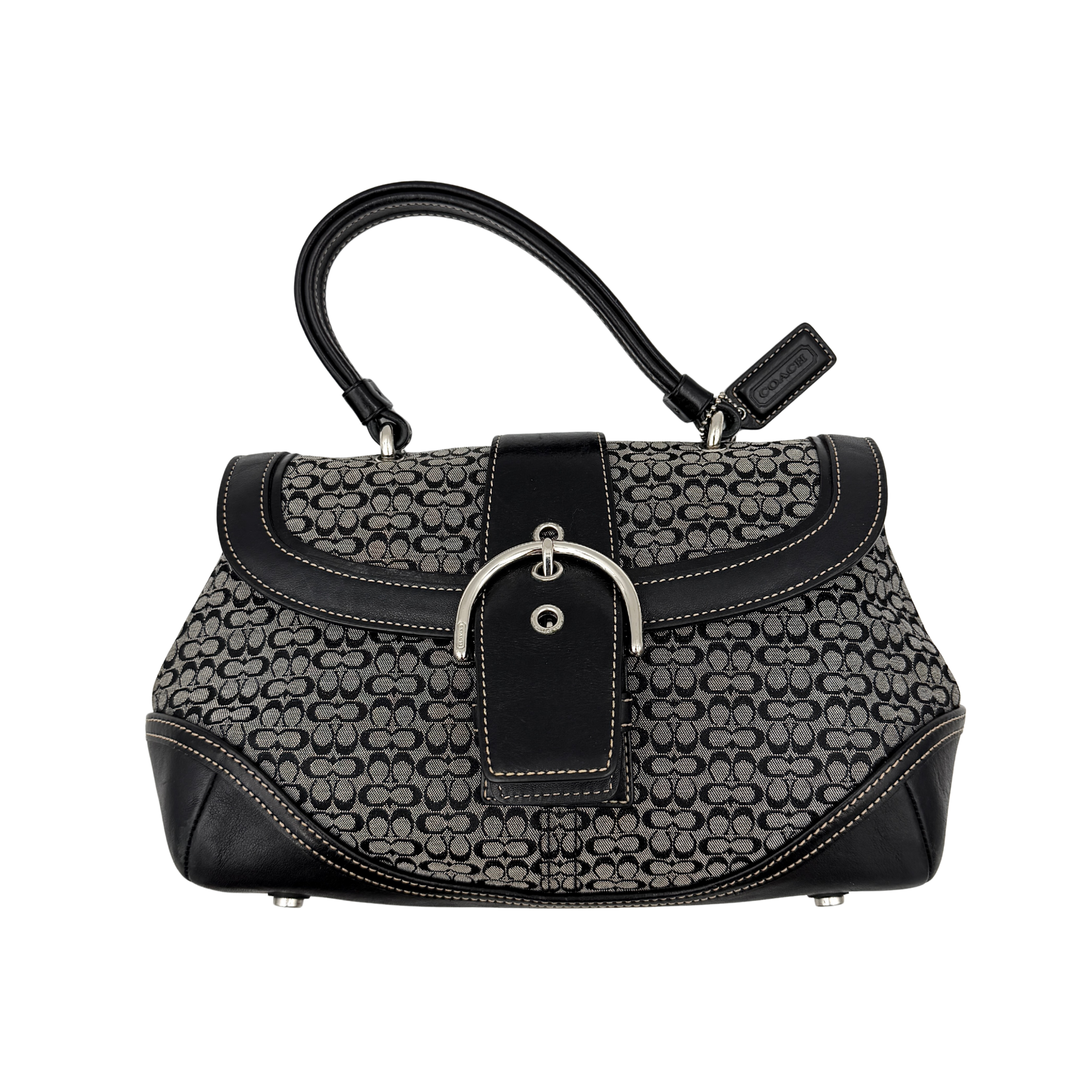 Coach Y2K Signature Soho Shoulder Bag in grey and black canvas with black leather trim and silver hardware, top handle style.