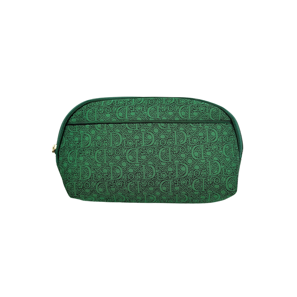 Green Christian Dior Oblique cosmetic pouch with monogram canvas and gold-tone zip, shown from the front.