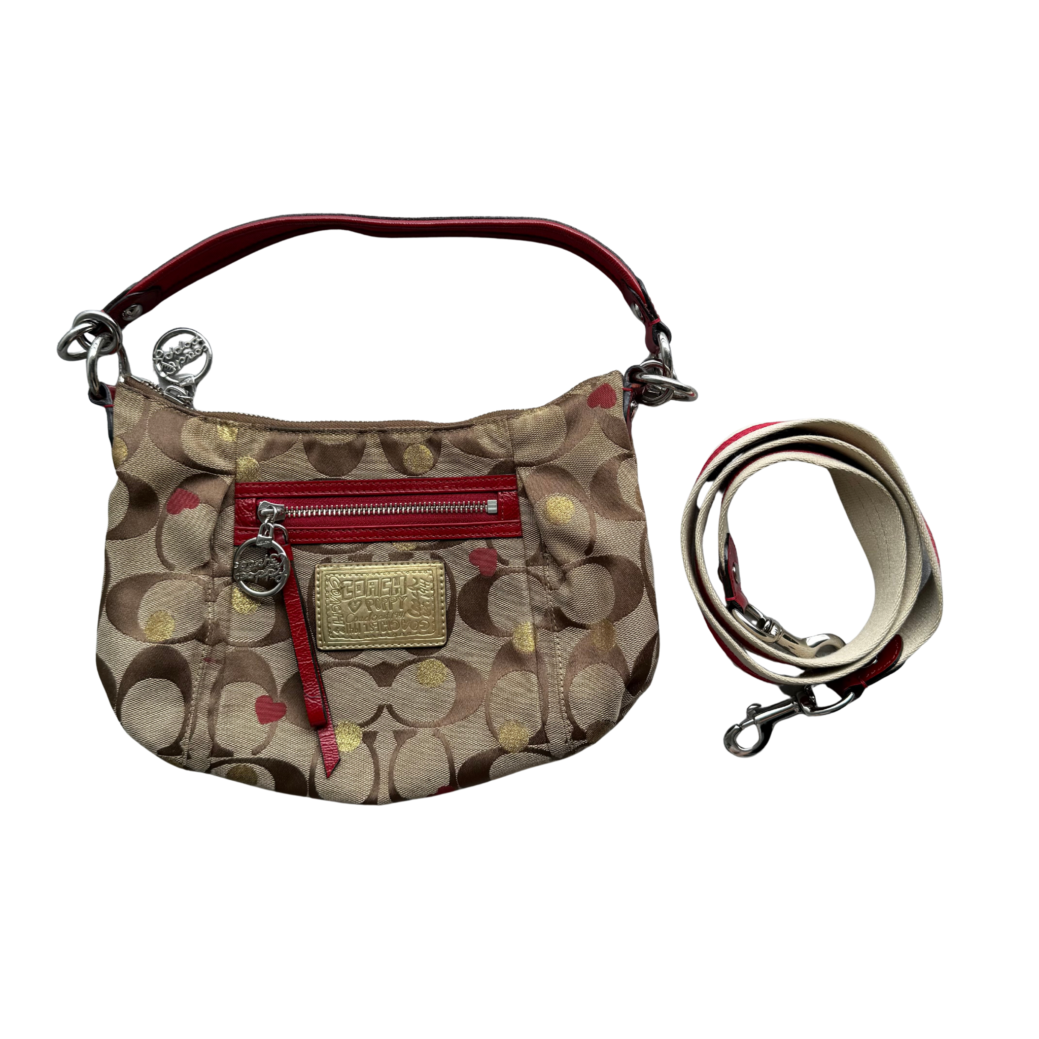 Coach 2Way Signature Heart Shoulder Bag Beige/Red
