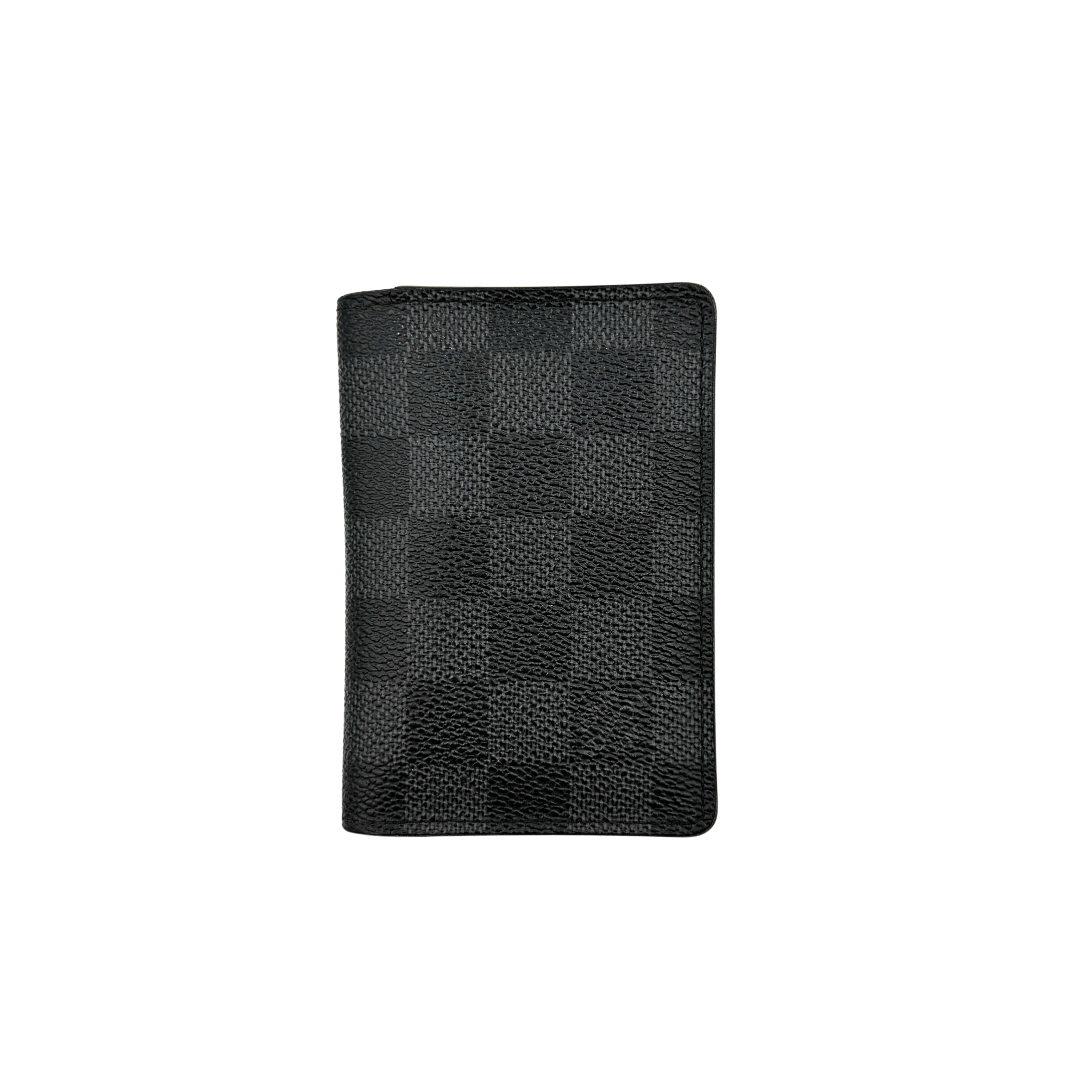 Louis Vuitton Damier Graphite Pocket Organizer in black coated canvas with tonal checkerboard pattern and slim profile.
