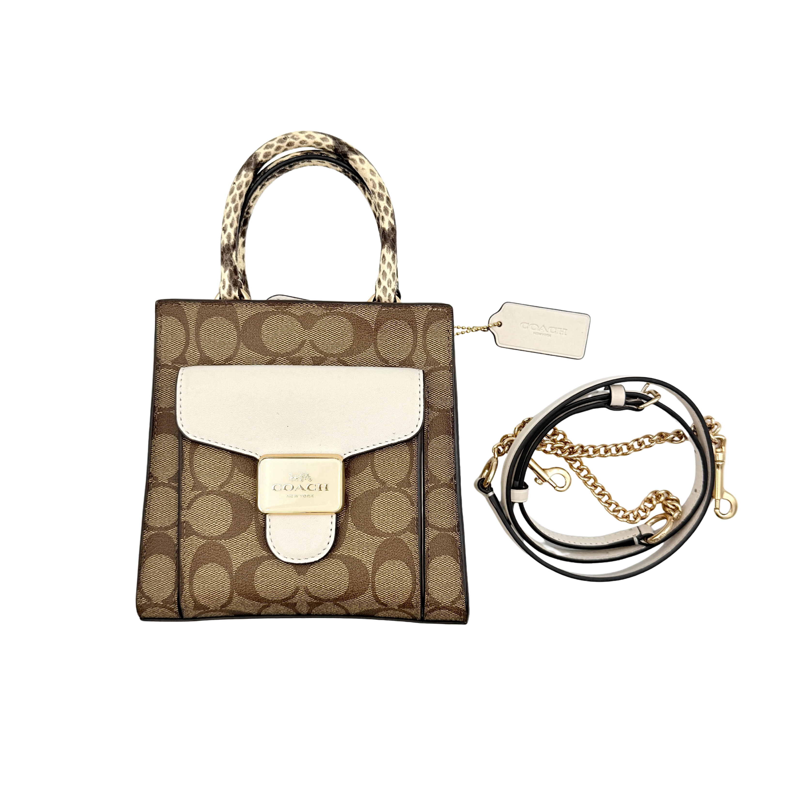 Coach Mini Pepper HandBag in beige canvas with white leather and snakeskin-effect handle, styled with detachable crossbody strap.