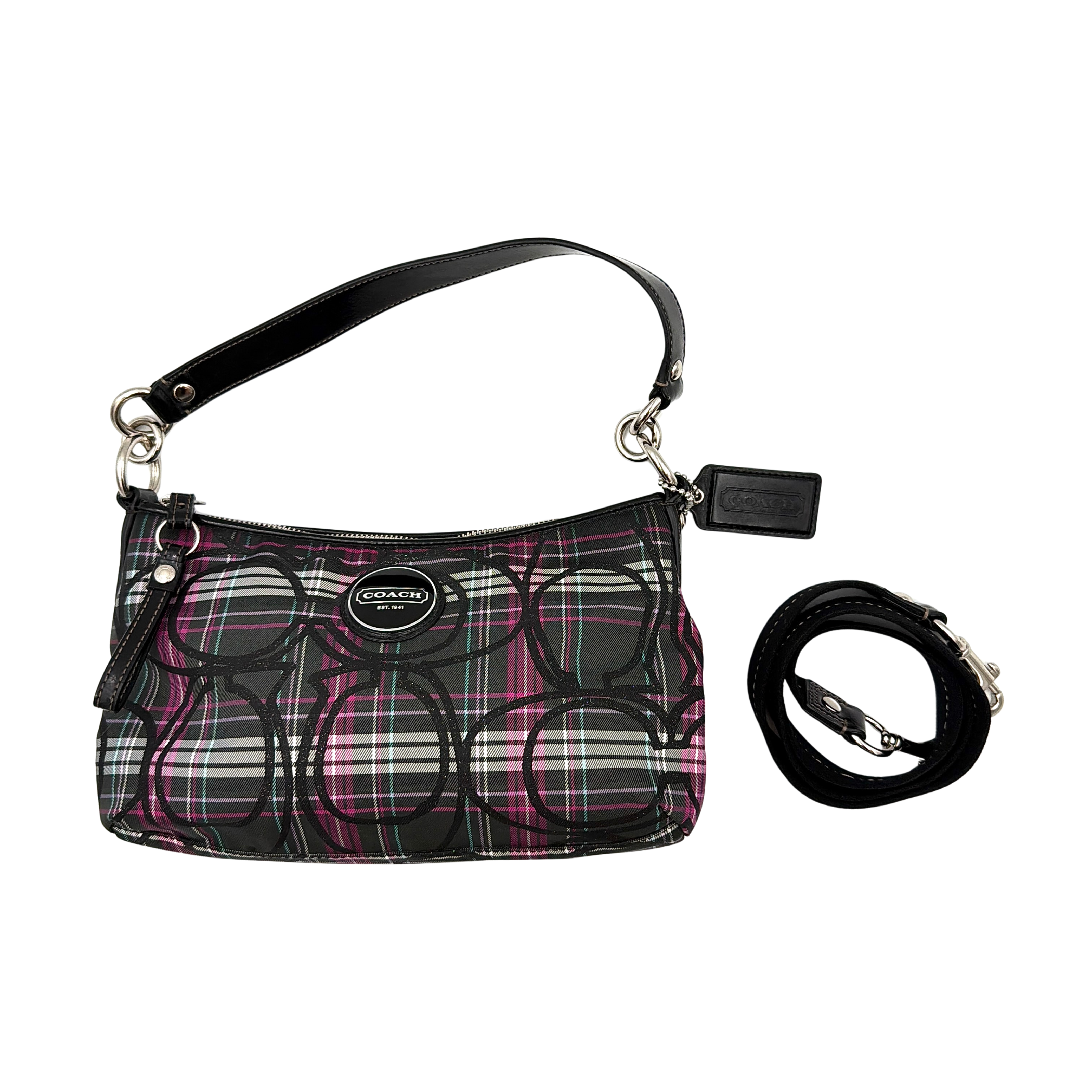 Coach Poppy tartan shoulder bag in black, magenta, and teal plaid with detachable black leather strap and silver-tone hardware.
