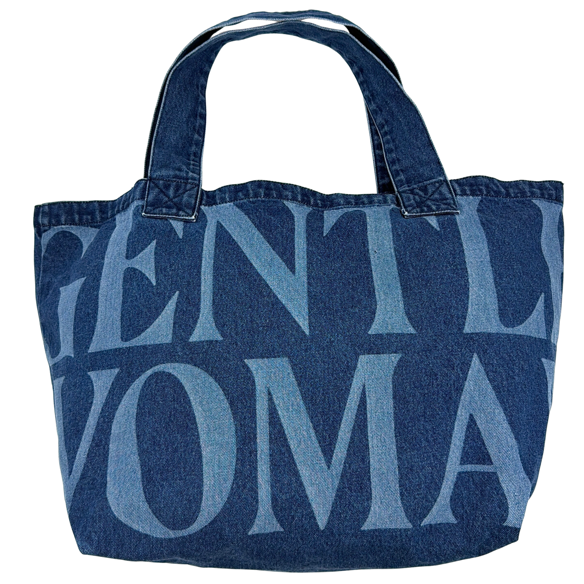 GENTLEWOMAN Jumbo Tote Bag in blue denim with oversized pale blue monogram, featuring sturdy twin handles.