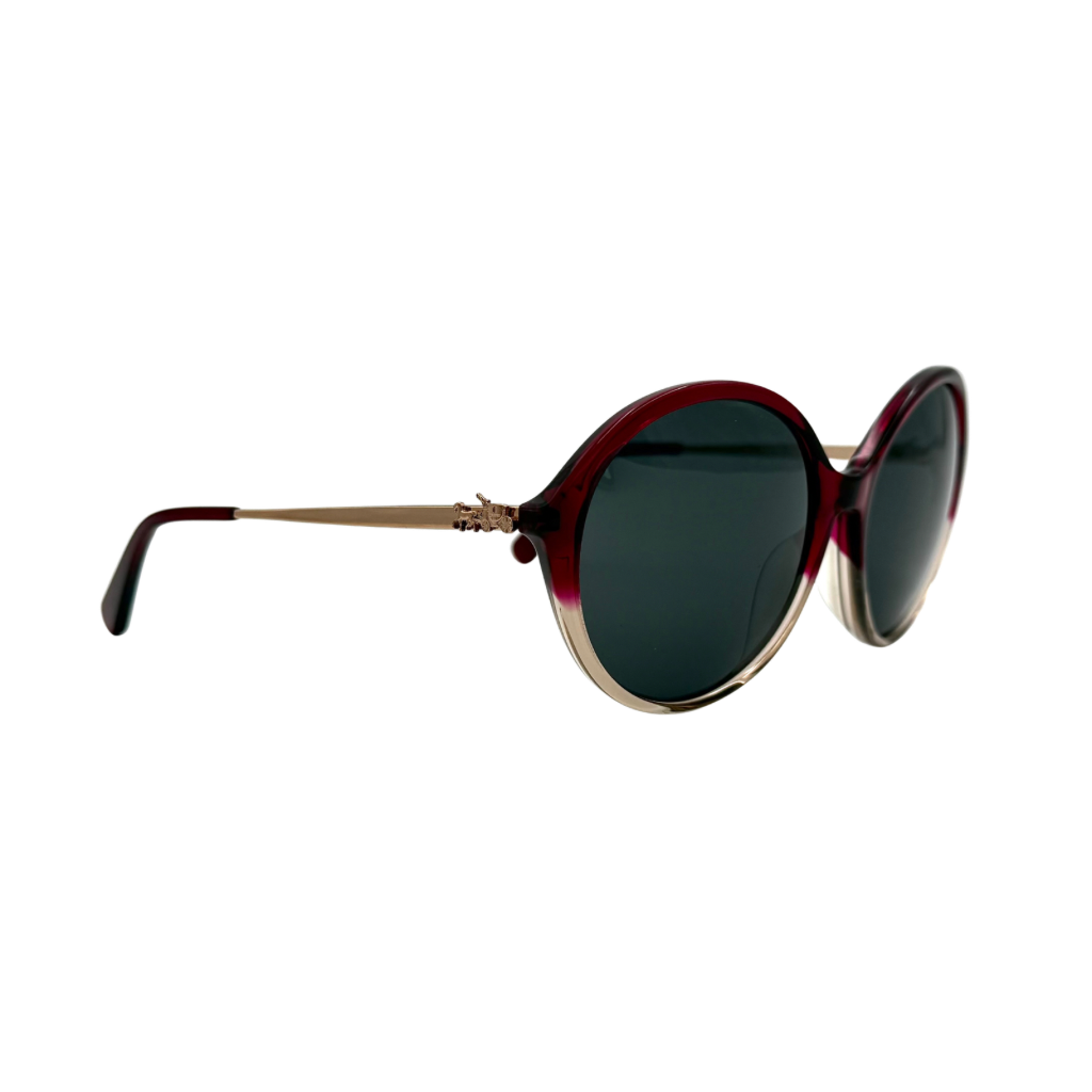 Coach HC8214F sunglasses in a red-to-sand gradient acetate frame with gold-tone metal temples and signature carriage detail.