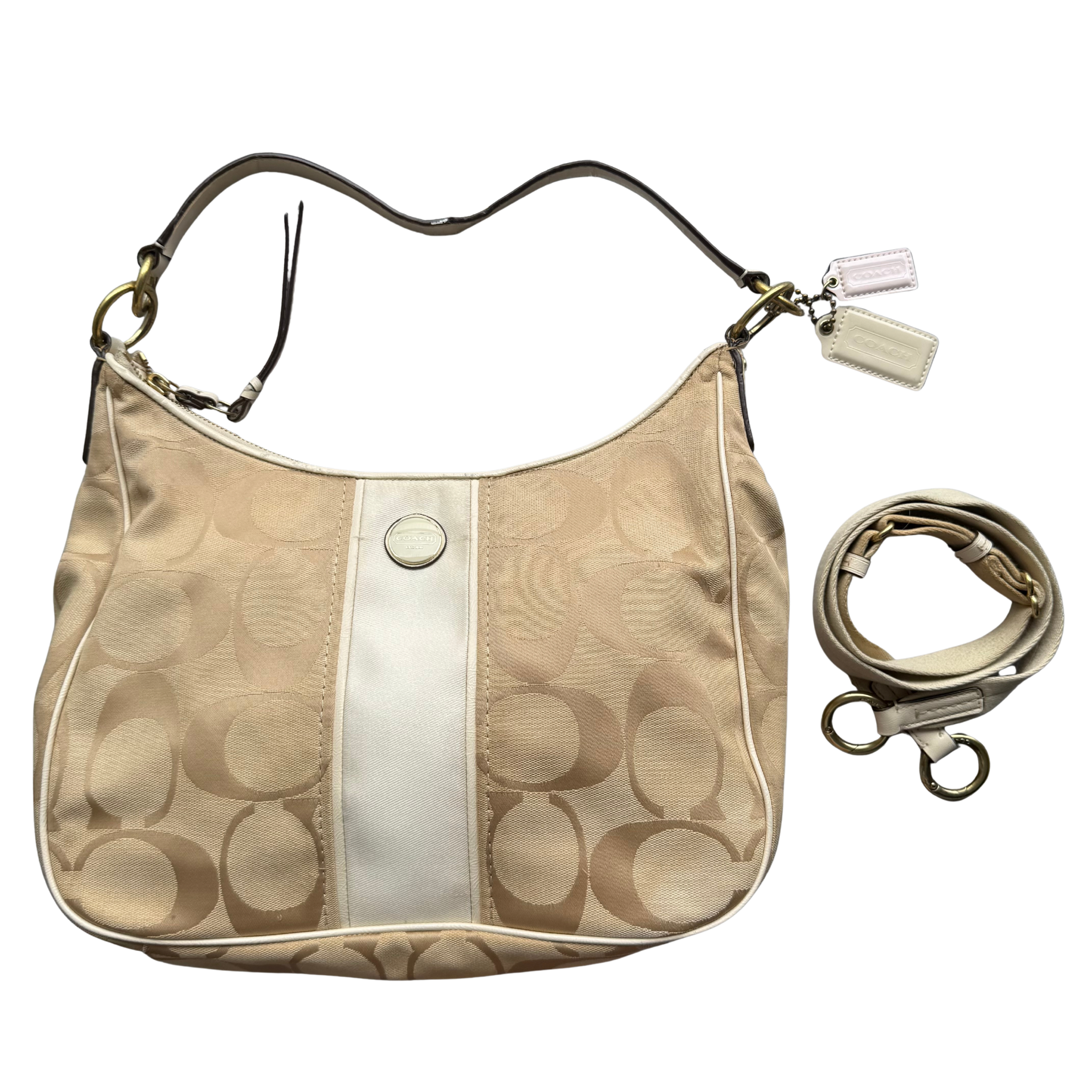Coach 2Way Signature Stripe Large ShoulderBag Beige/White