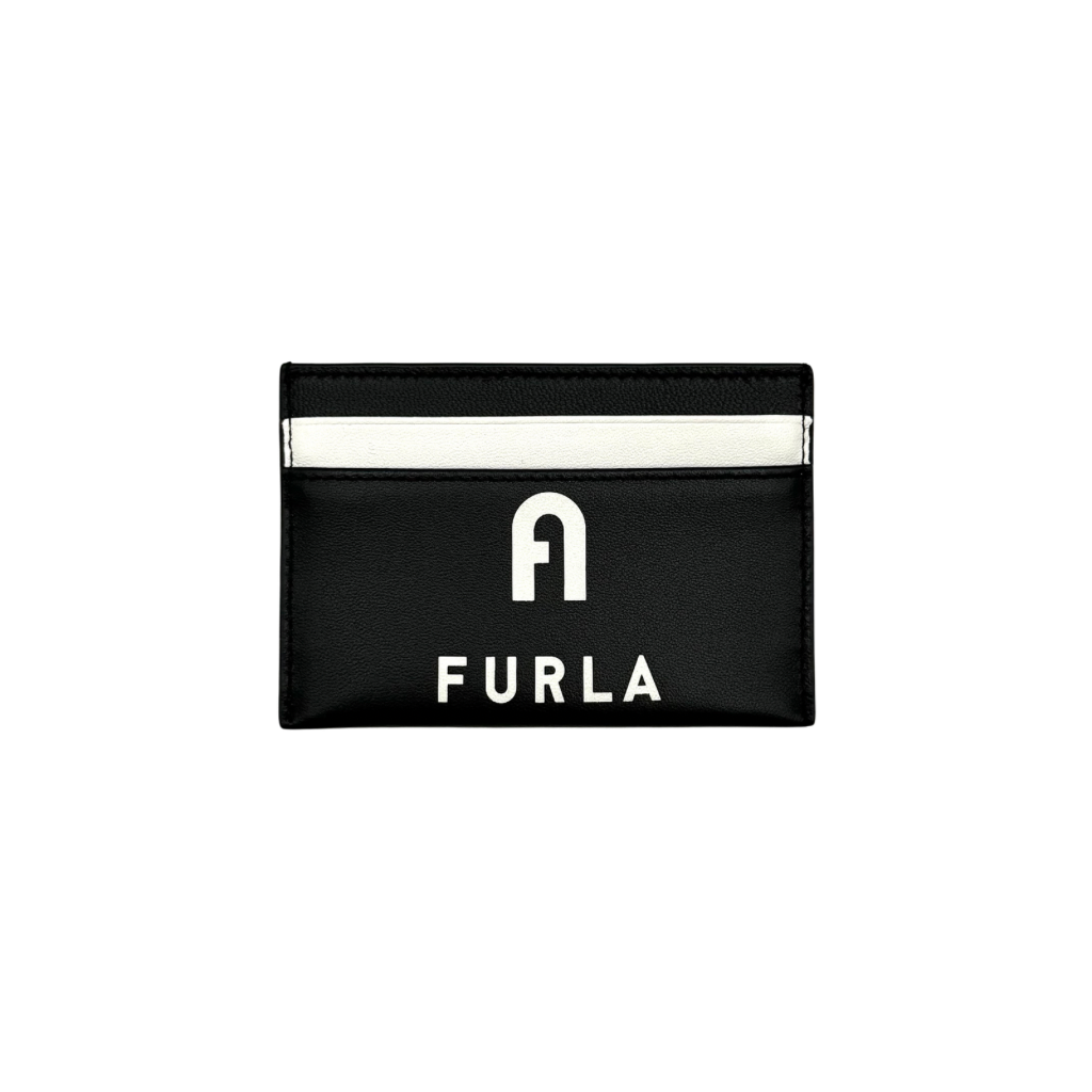 Furla WP00173 black leather cardholder with bold white logo and accent, shown against a white backdrop.