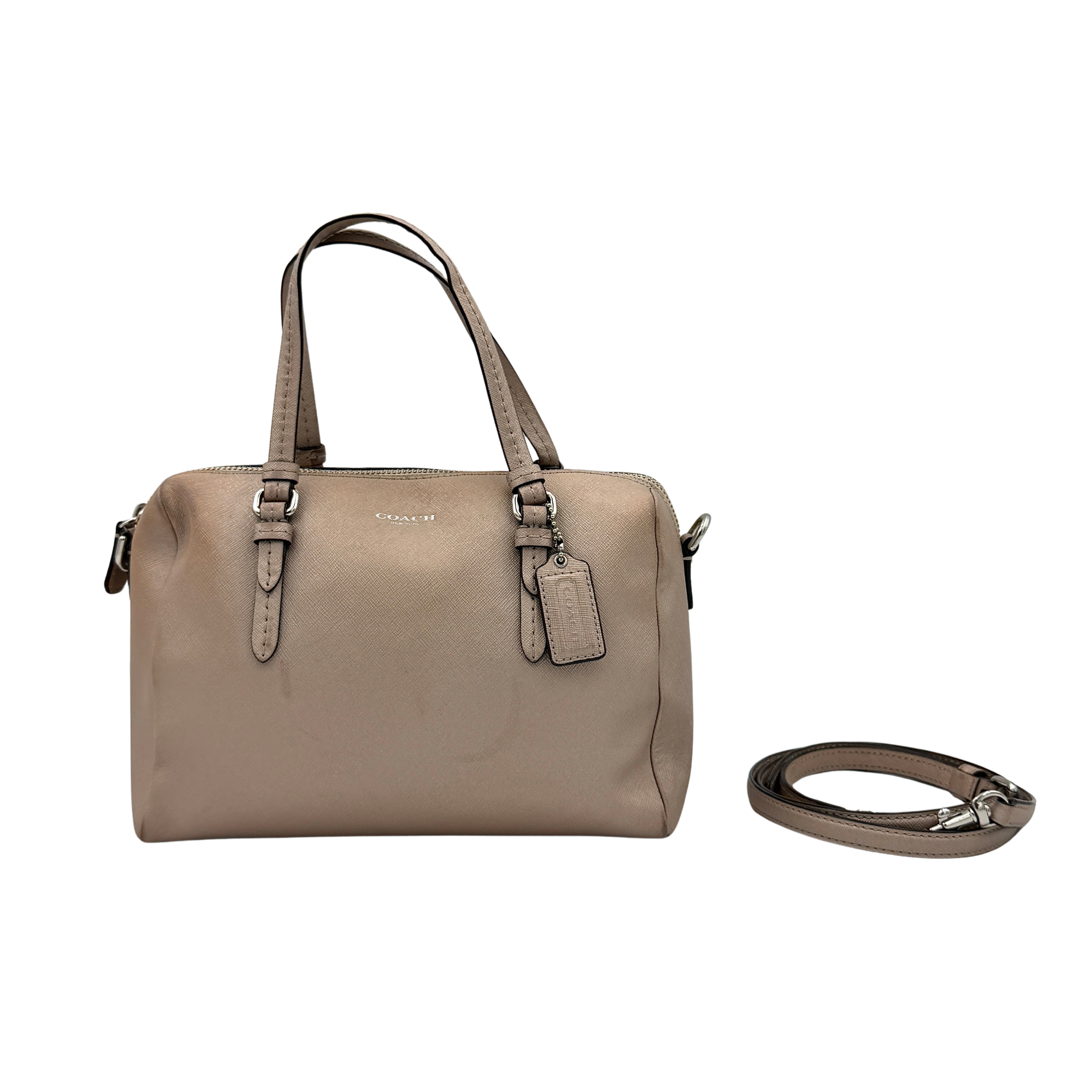 Coach Peyton Mini Bennett Boston Bag in light brown saffiano leather with silver-tone hardware, top handles, and a detachable strap.