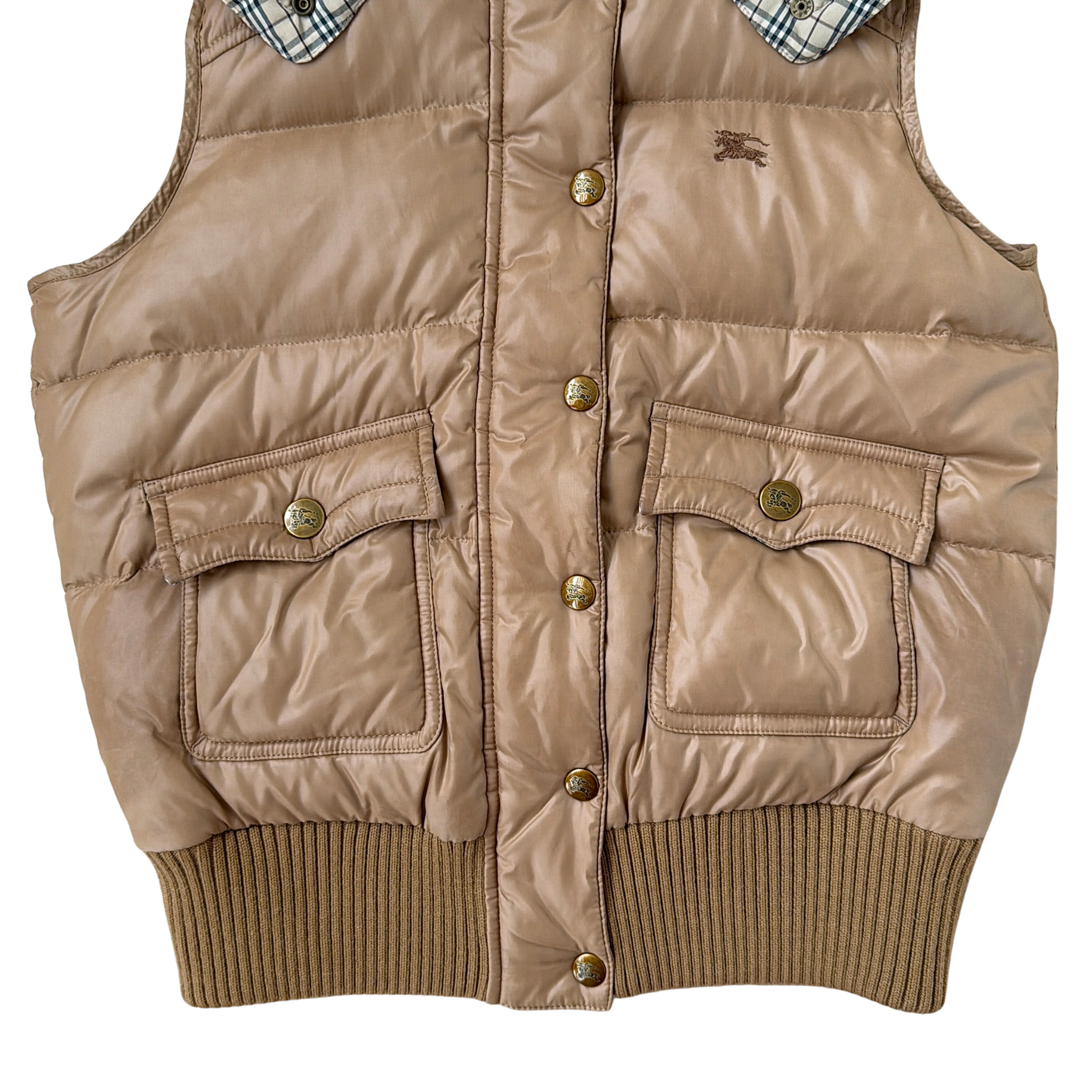 (38) Burberry Blue Label Nova Check Down Puffer Hoodie Vest Beige