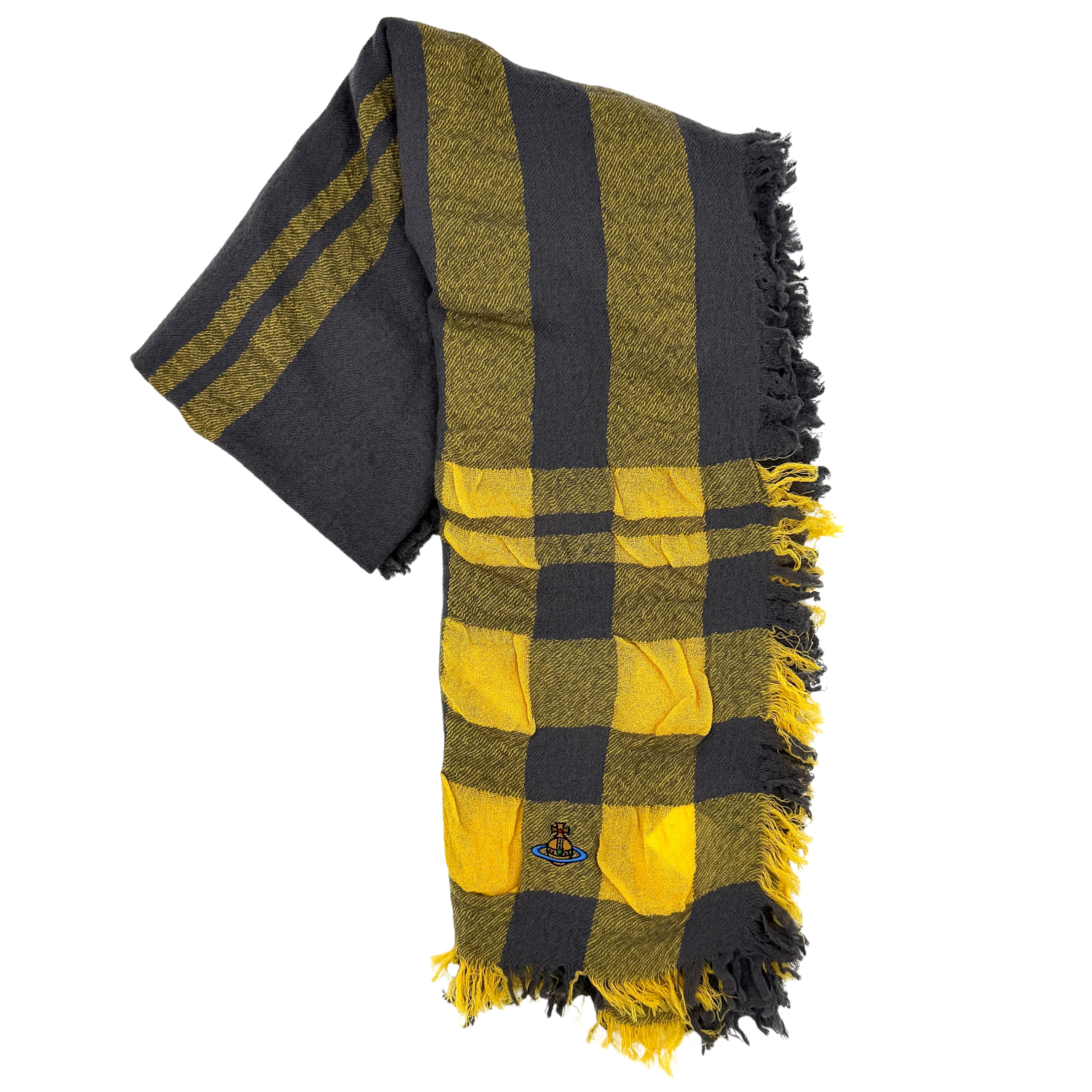 Vivienne Westwood yellow and grey check scarf with fringed edges and signature orb embroidery, artfully draped.