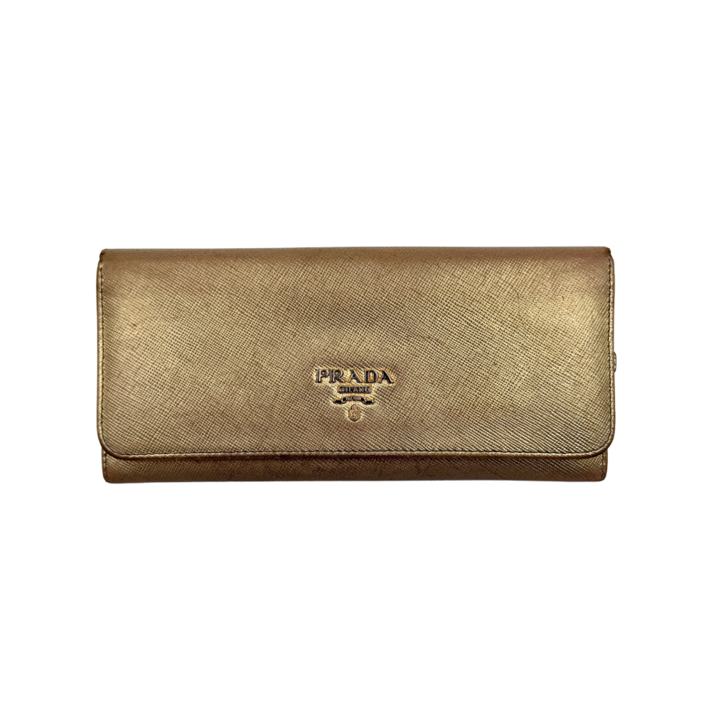 Prada Saffiano Continental Long Wallet in metallic gold Saffiano leather with gold-tone logo and structured silhouette.