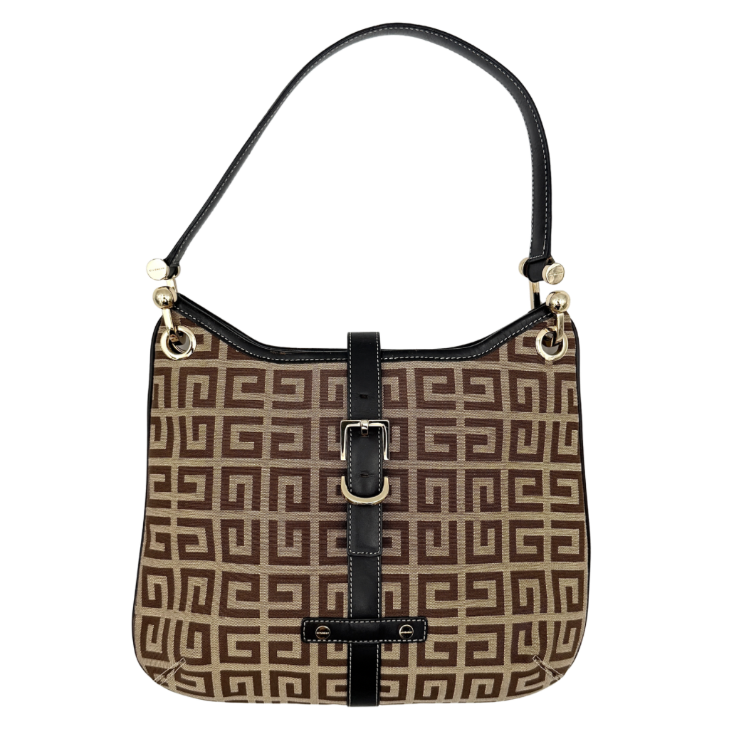 The Givenchy Monogram Hobo Shoulder Bag in brown canvas with black leather trim and gold hardware, displayed front-facing.